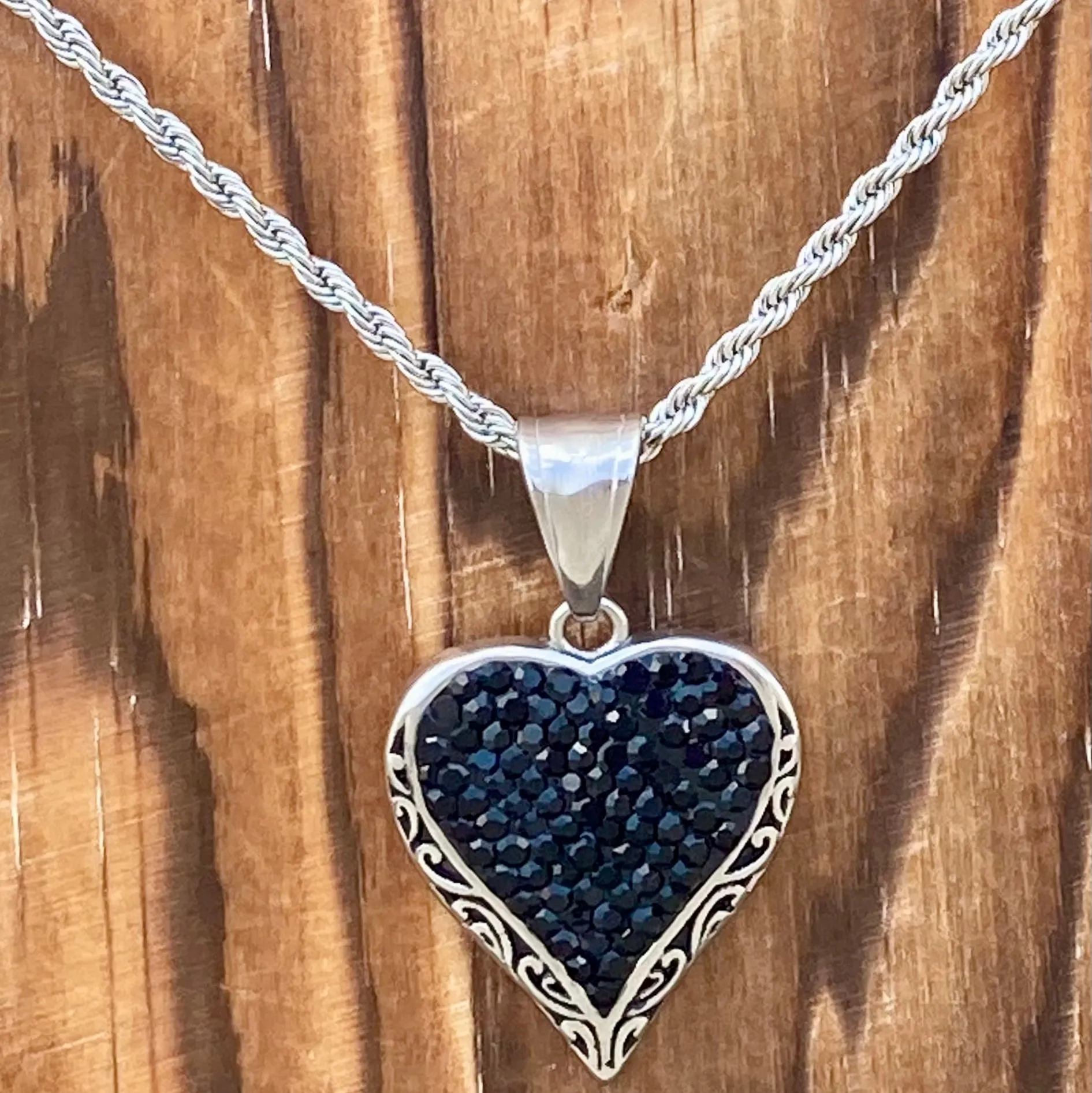 Crystal Heart Mini Pendant - Black - Rope Necklace - AJ02M