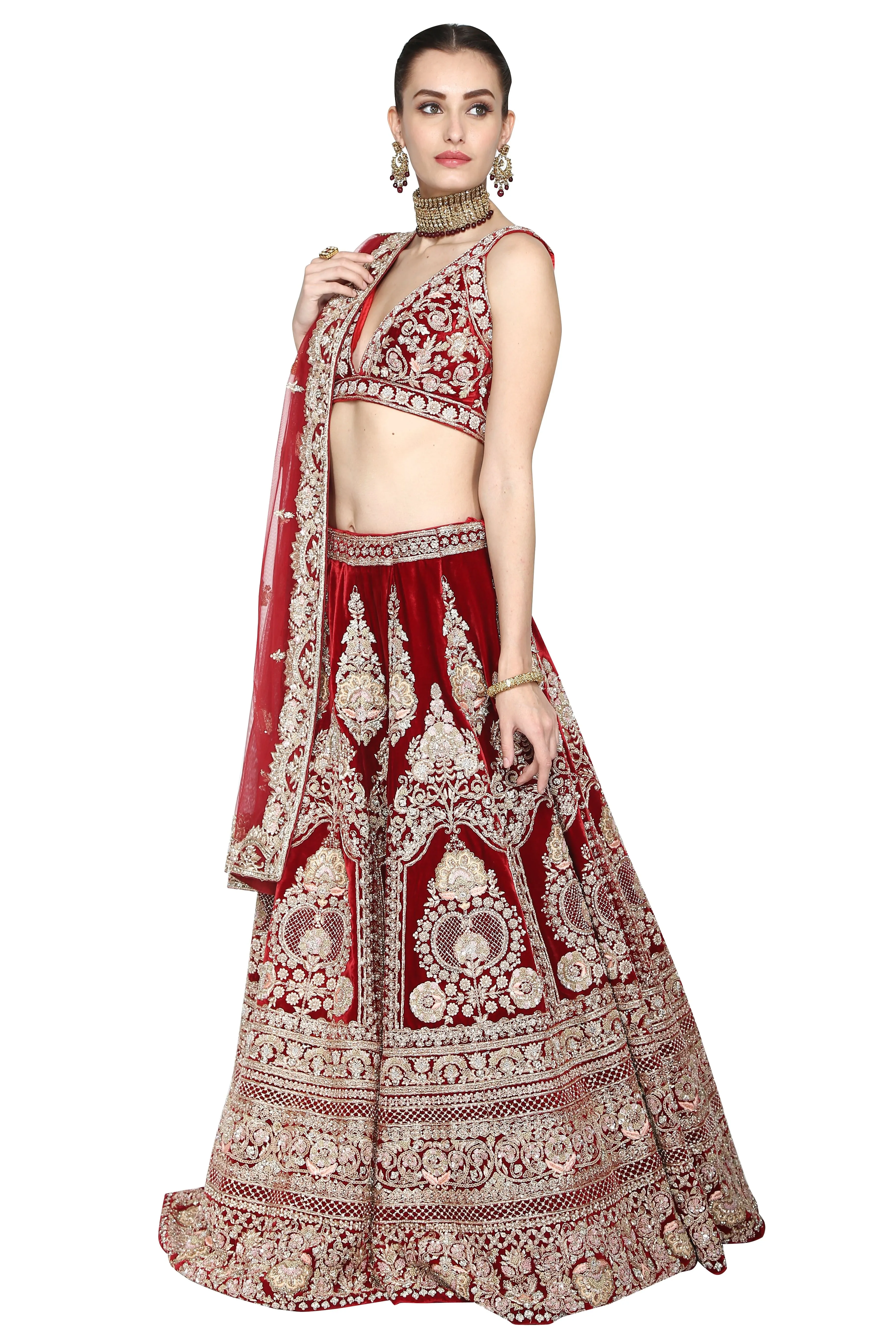 Deep red lehenga set.