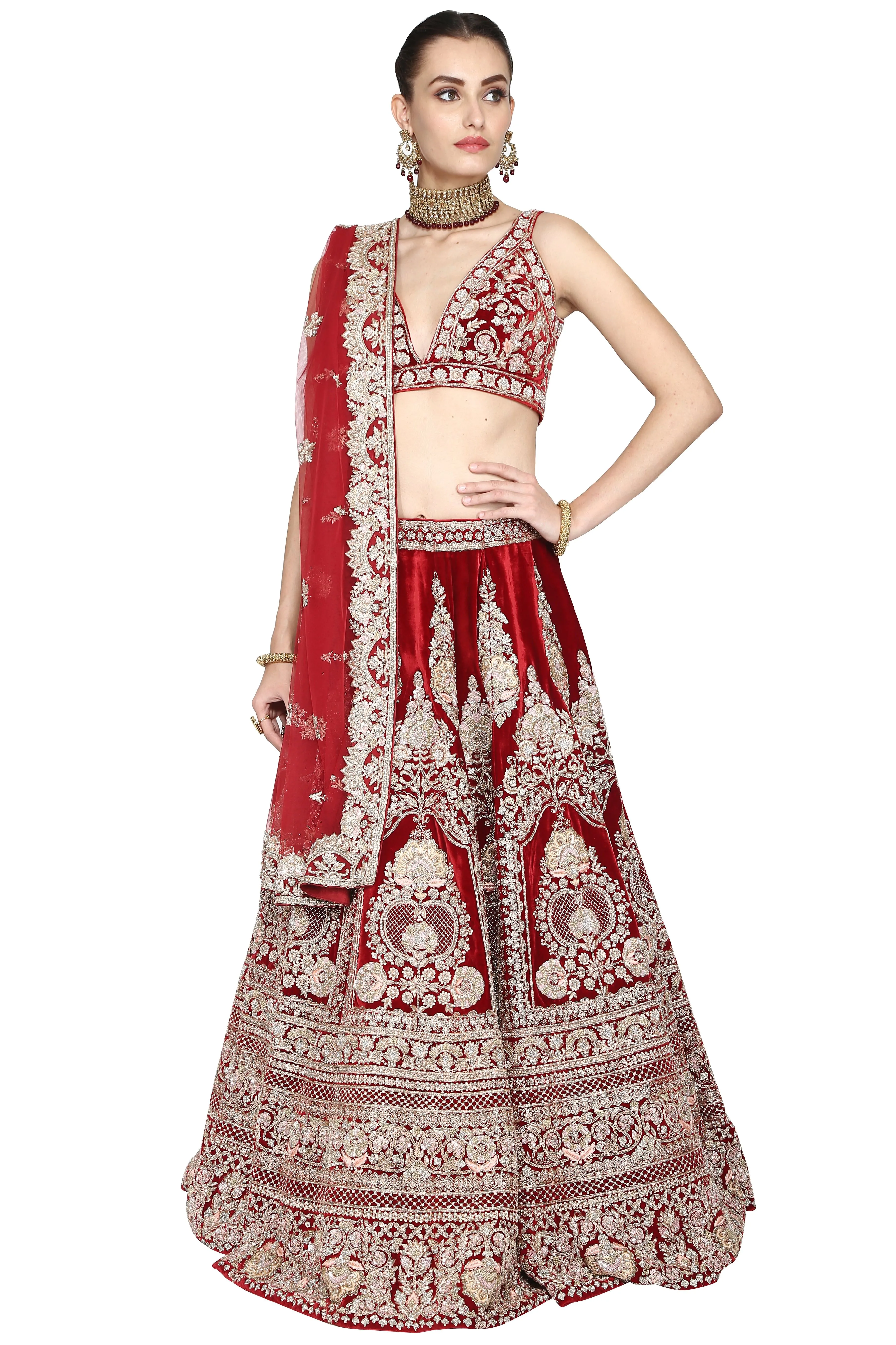 Deep red lehenga set.