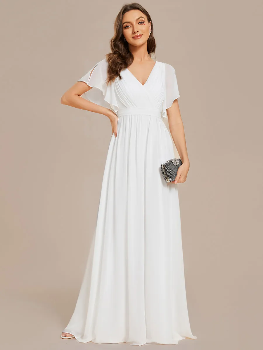 Deep V Neck Chiffon Evening Gown With Short Sleeves