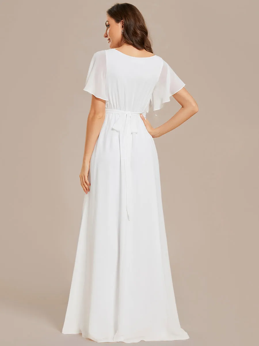 Deep V Neck Chiffon Evening Gown With Short Sleeves