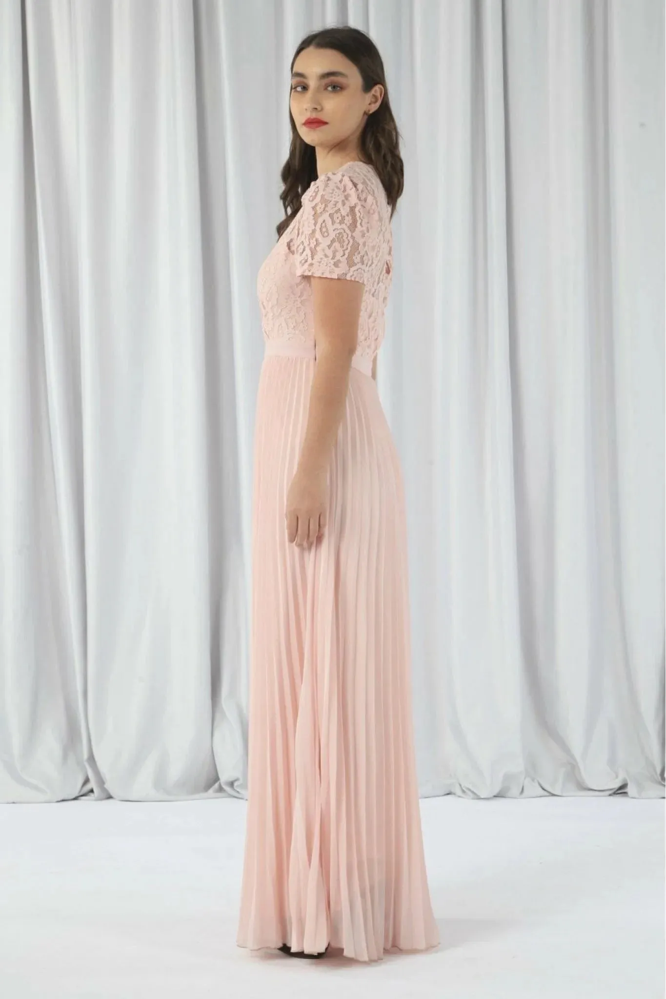 Double Second Pink Pleated Sleeve Lace Dress