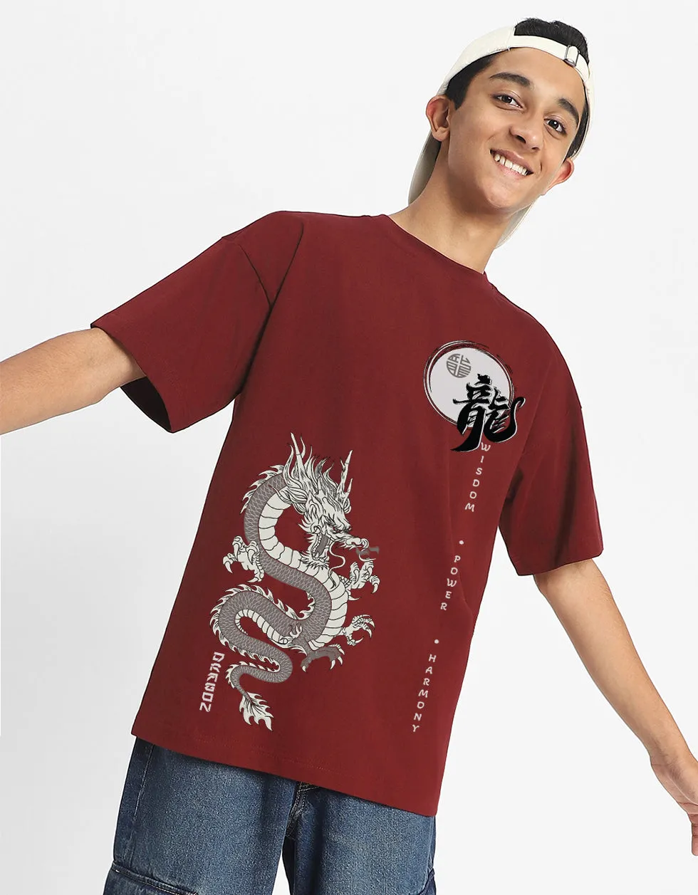 Dragon Maroon Oversized Graphic Front Printed Boys T-shirt