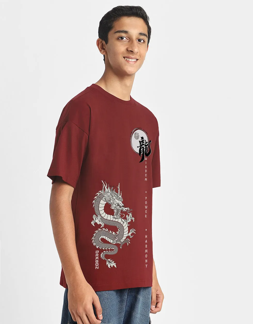 Dragon Maroon Oversized Graphic Front Printed Boys T-shirt