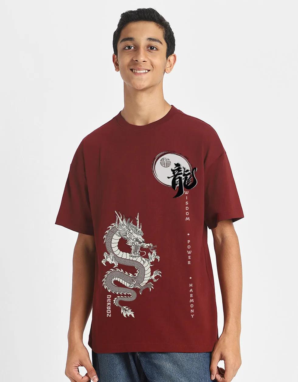 Dragon Maroon Oversized Graphic Front Printed Boys T-shirt