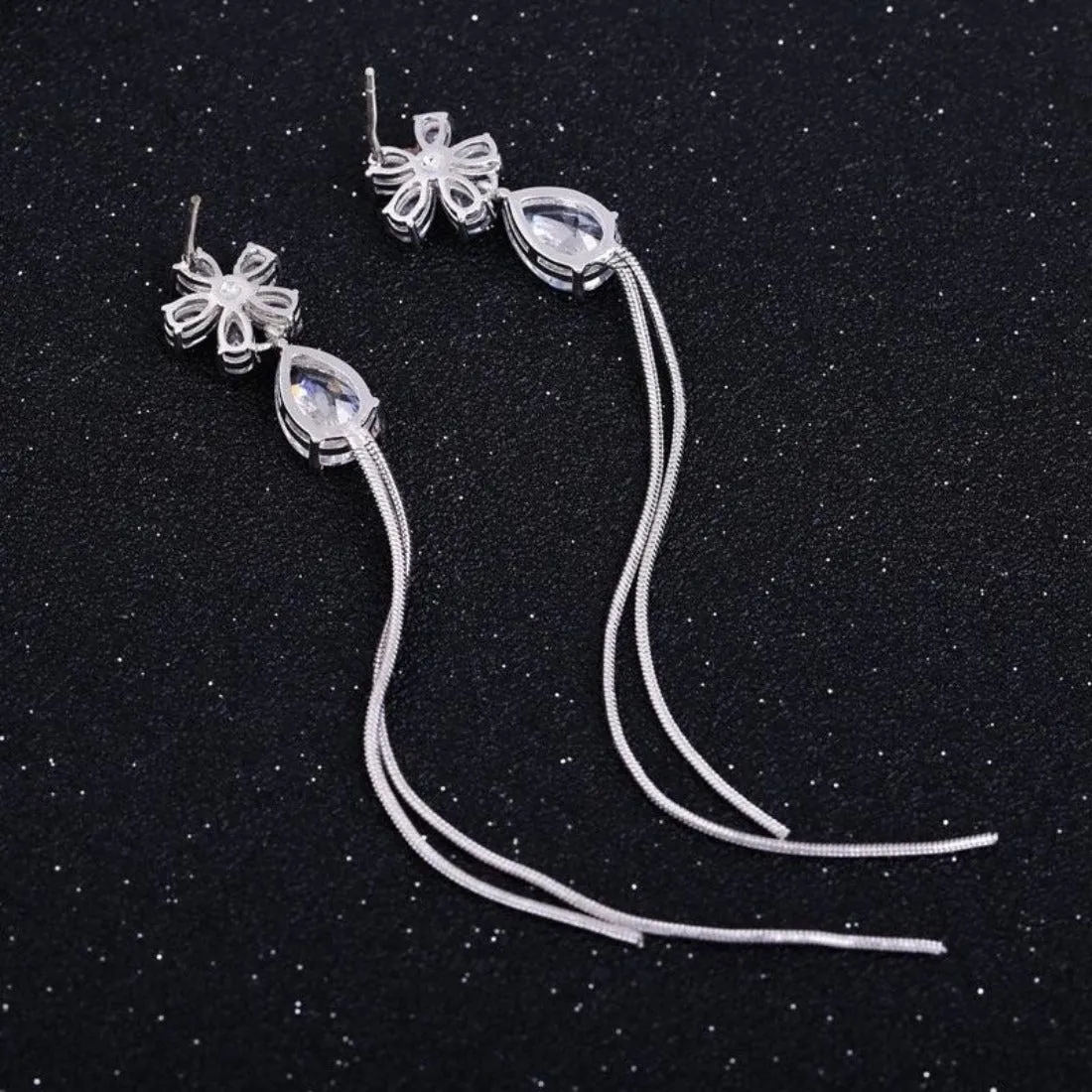 Elegant CZ Crystal Flower Water Drop Tassel Earrings