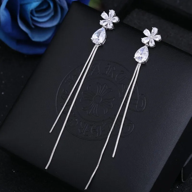 Elegant CZ Crystal Flower Water Drop Tassel Earrings