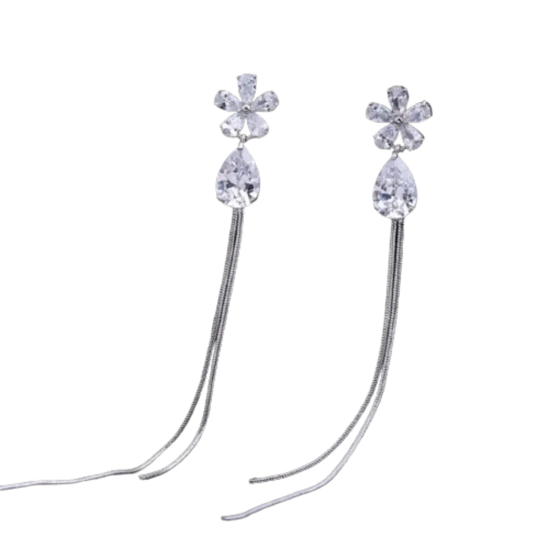 Elegant CZ Crystal Flower Water Drop Tassel Earrings