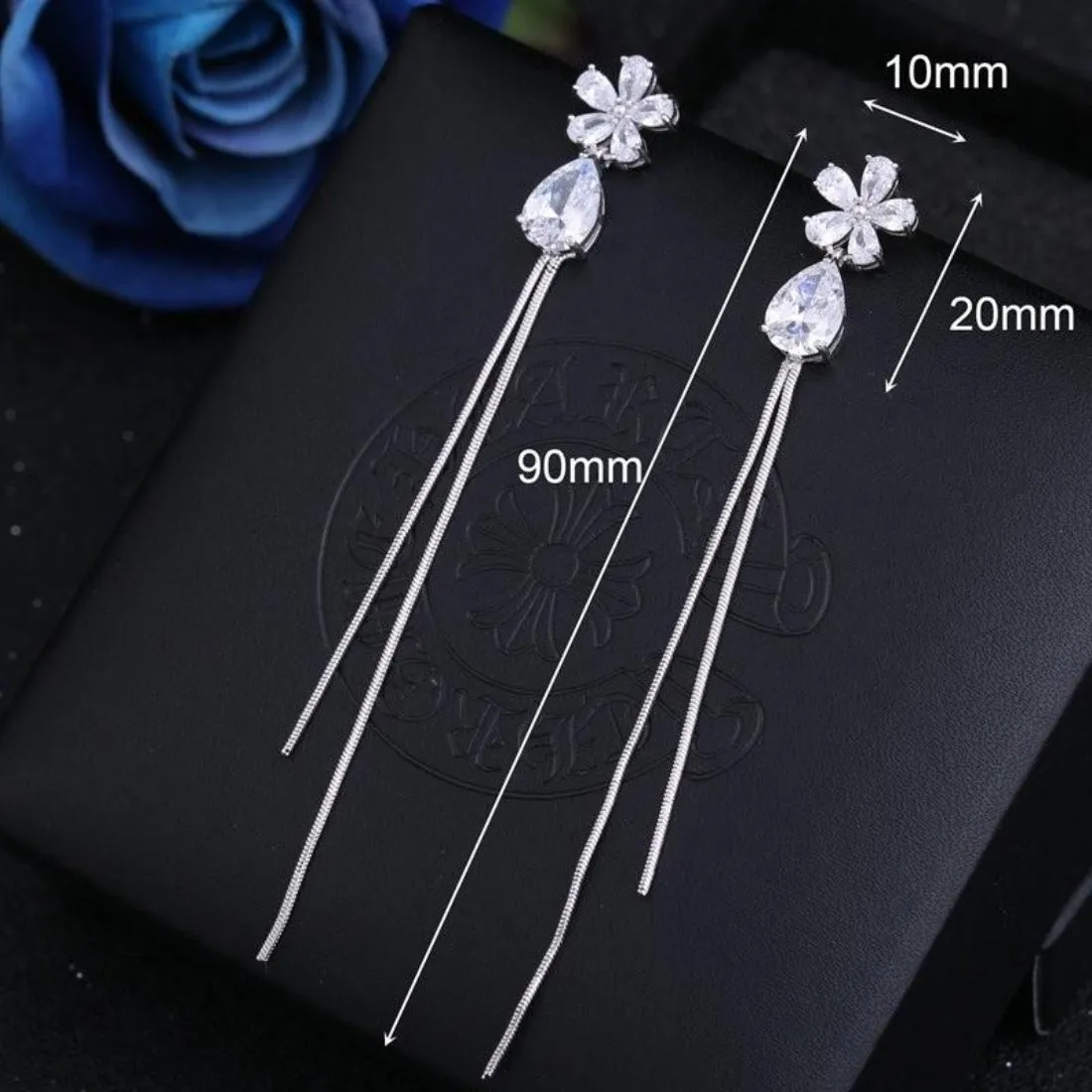 Elegant CZ Crystal Flower Water Drop Tassel Earrings