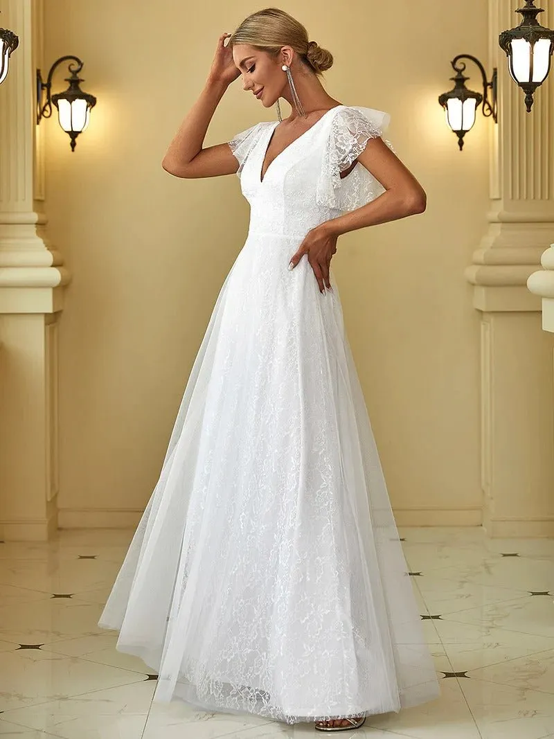 Elegant Maxi Lace Wedding Dress with Ruffle Sleeves