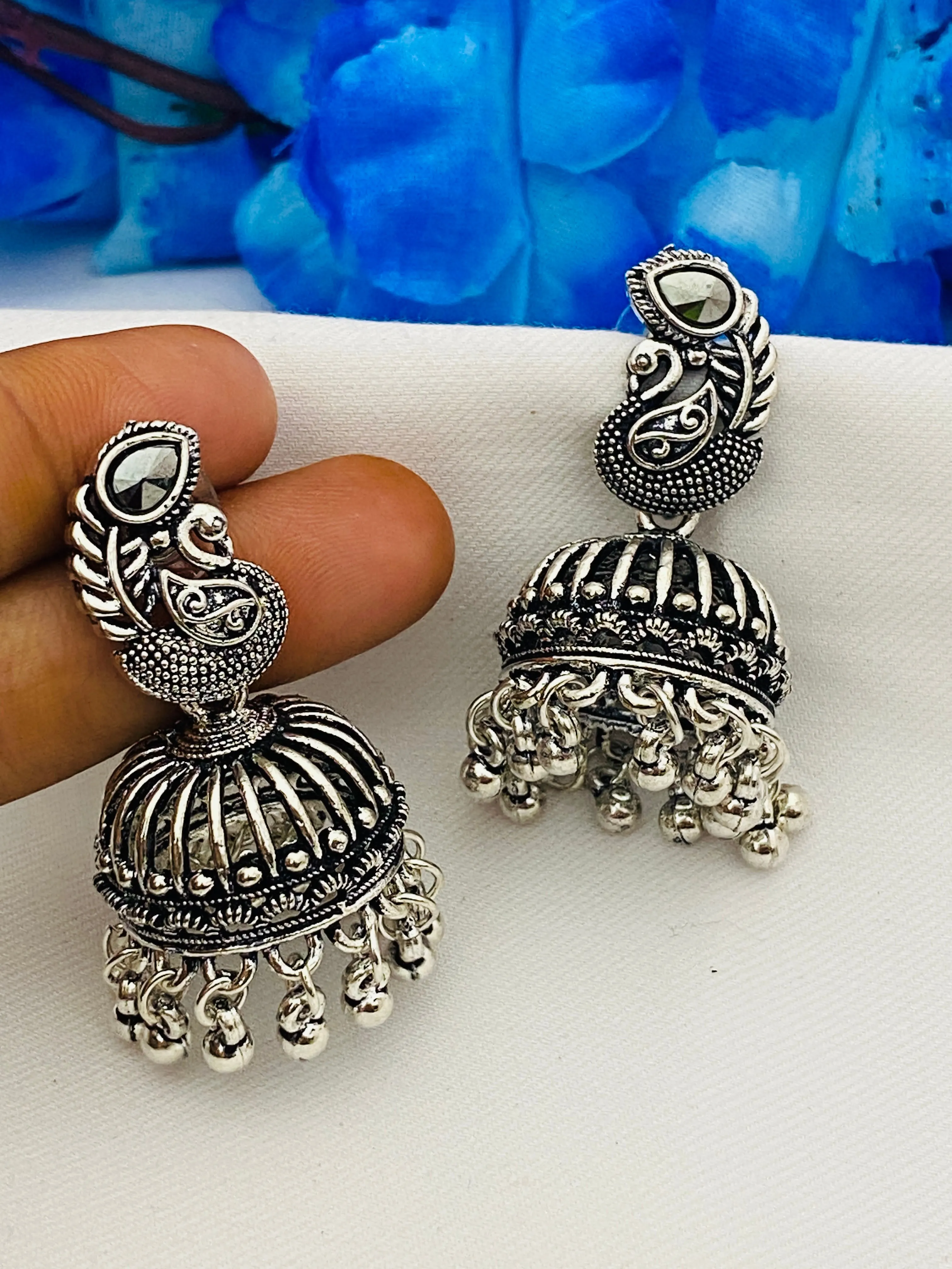 Elegant Traditional Silver Oxidized Designer Peacock Earrings With Beeds