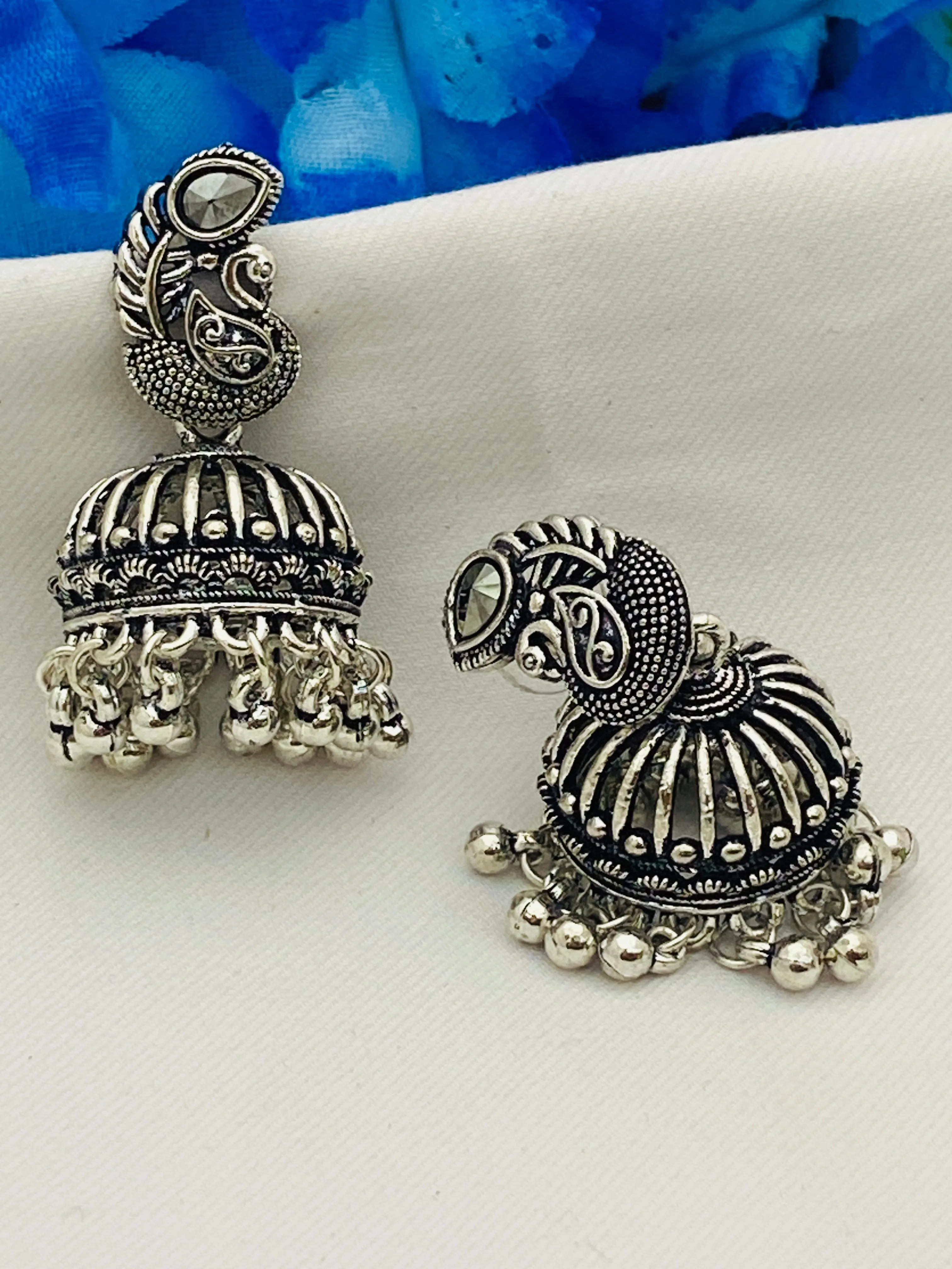 Elegant Traditional Silver Oxidized Designer Peacock Earrings With Beeds