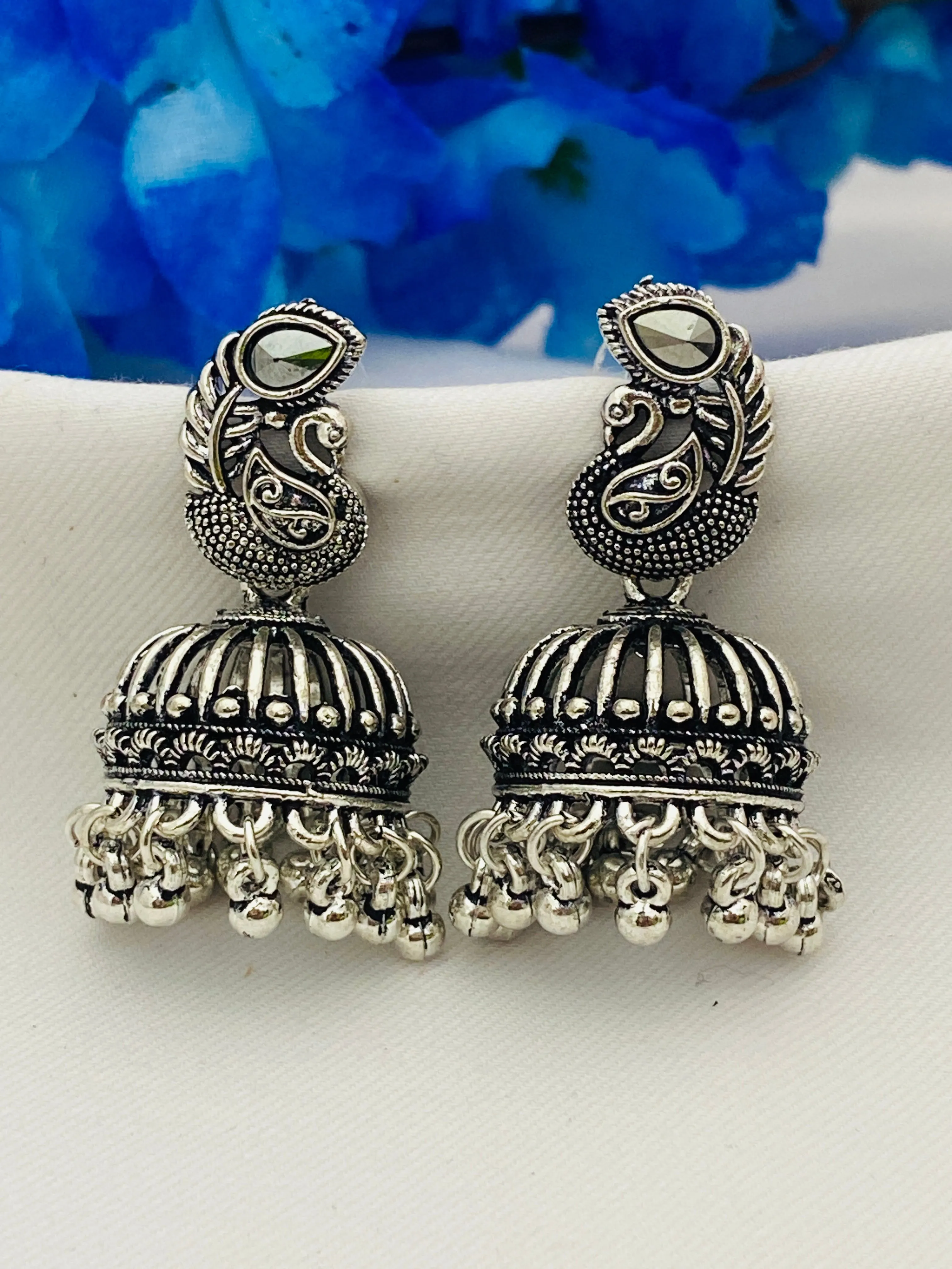 Elegant Traditional Silver Oxidized Designer Peacock Earrings With Beeds