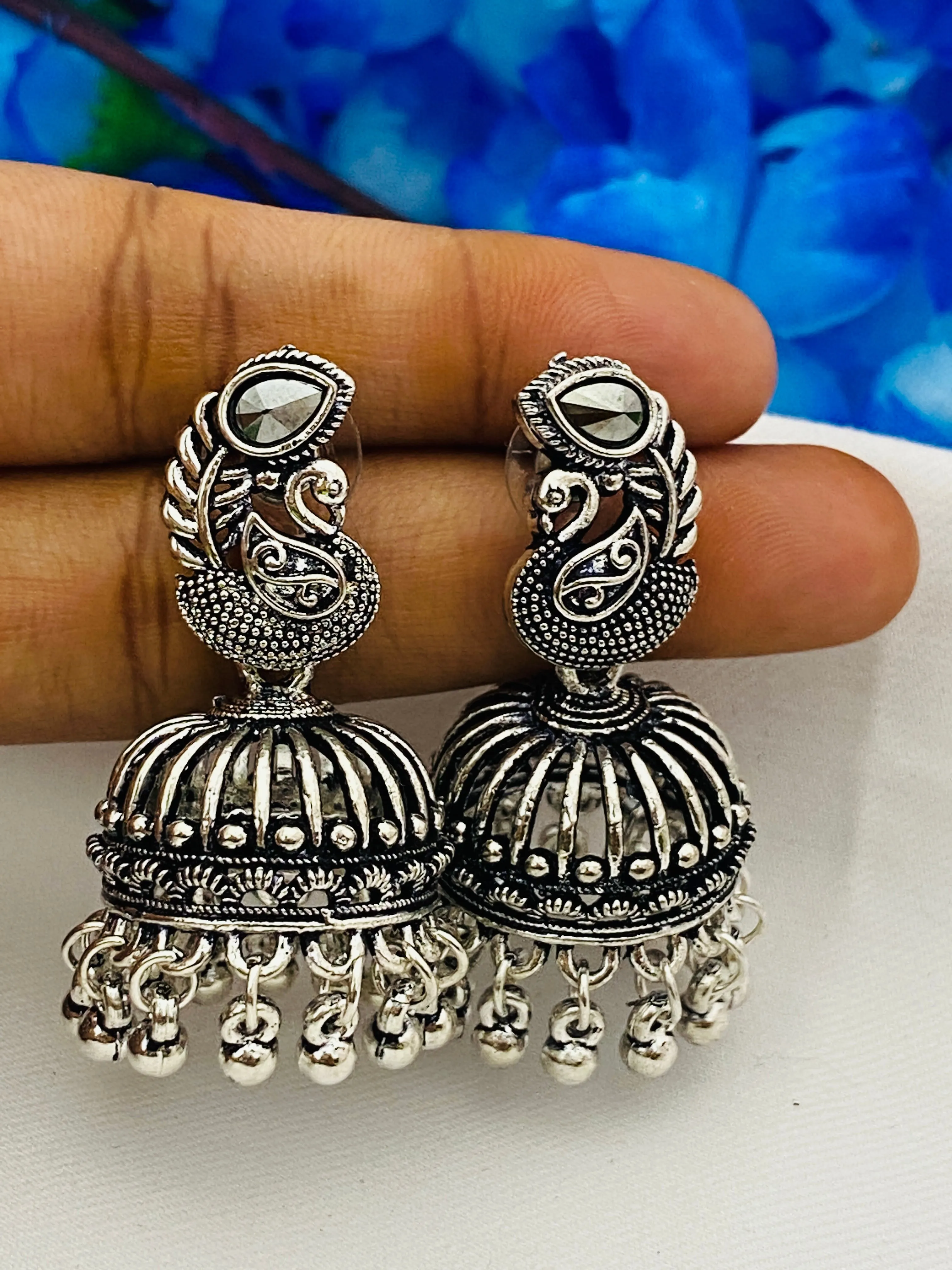 Elegant Traditional Silver Oxidized Designer Peacock Earrings With Beeds