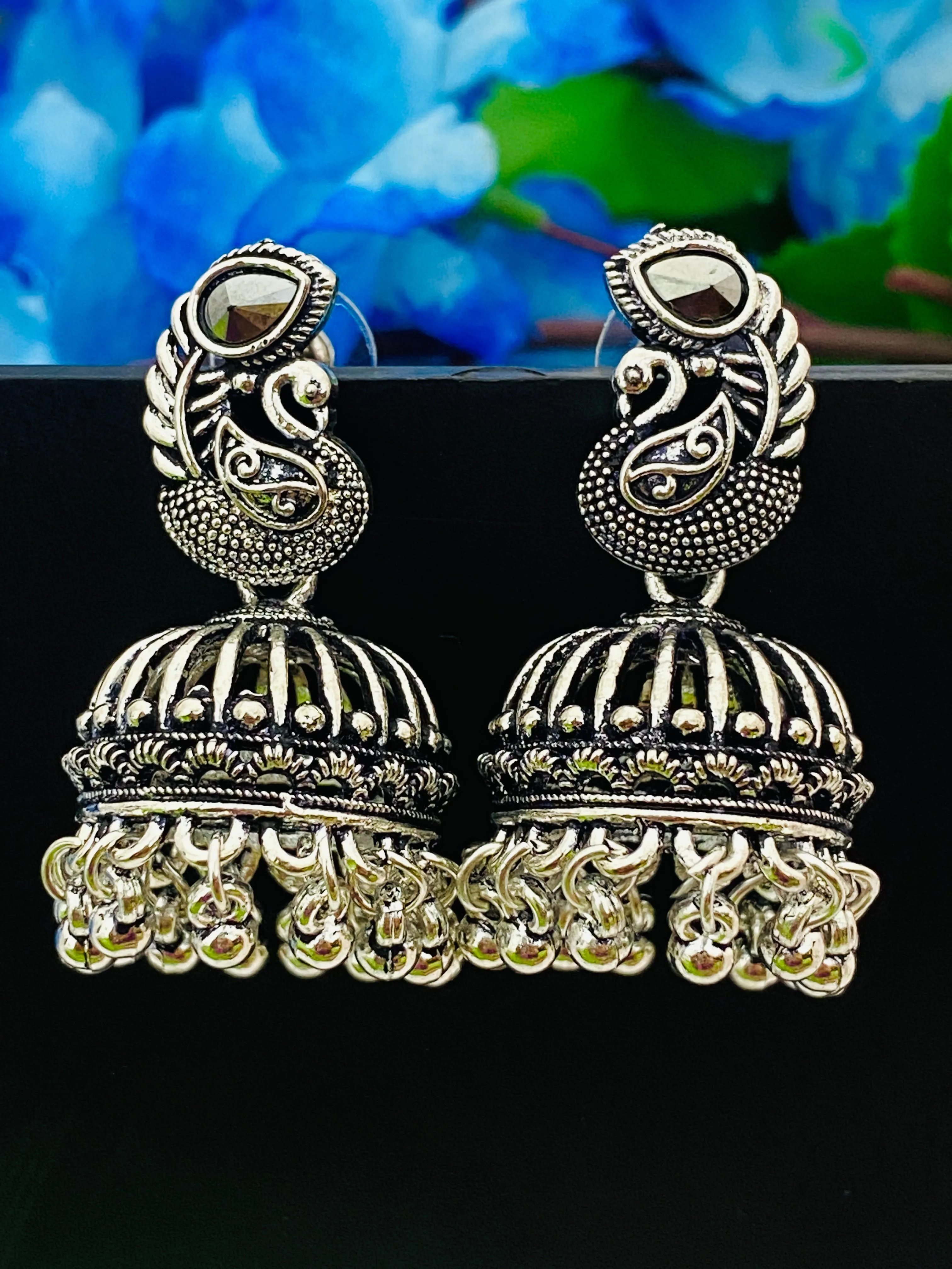 Elegant Traditional Silver Oxidized Designer Peacock Earrings With Beeds