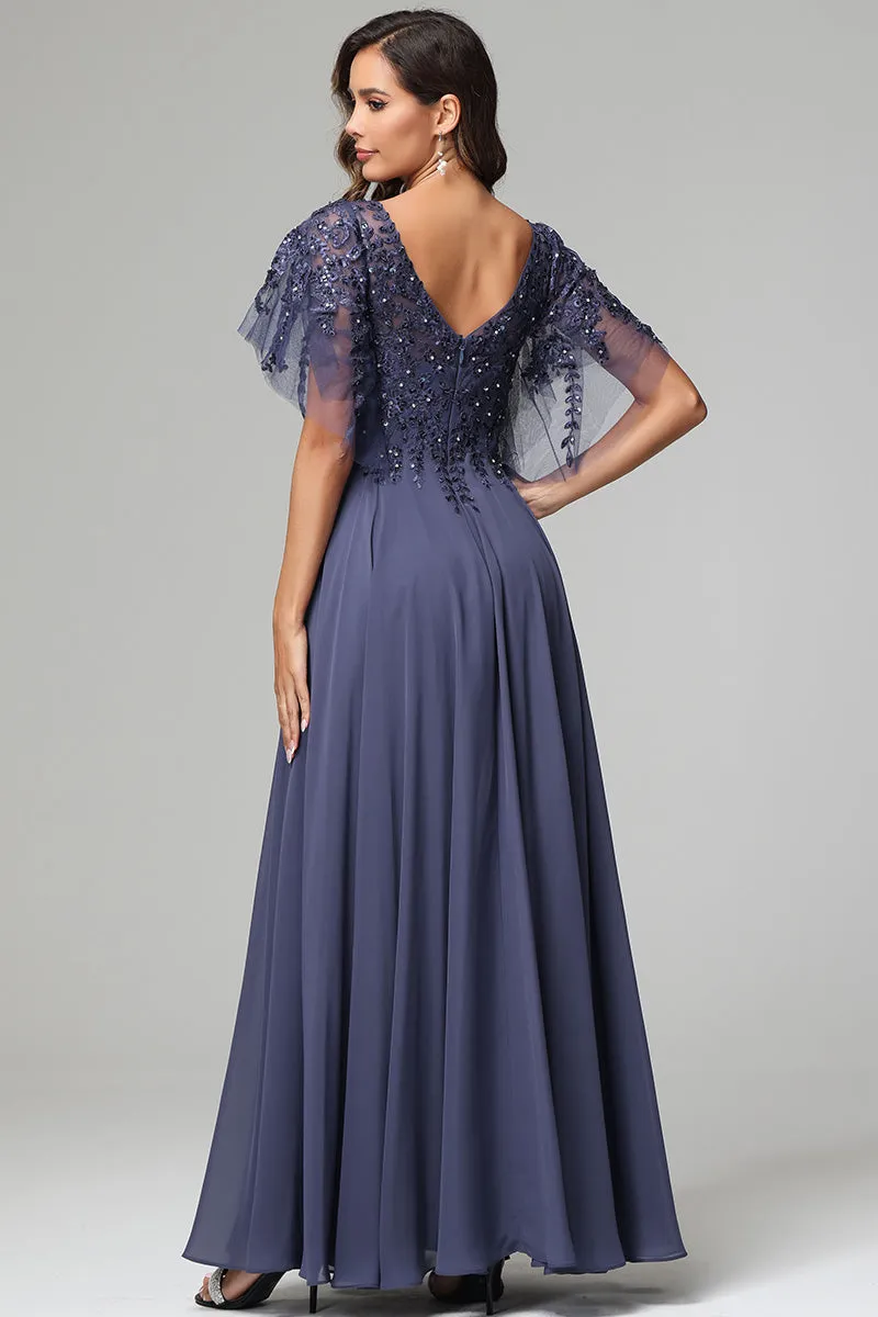 Elegant V-neck Short Sleeves Chiffon Appliqued Prom Dresses