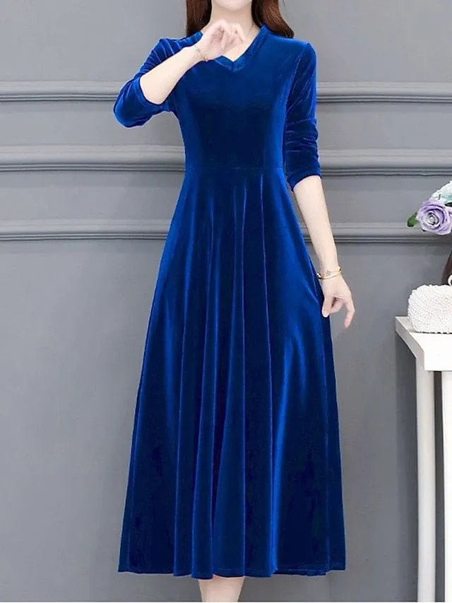 Elegant Velvet V-Neck Midi Dress with Ruched Detail