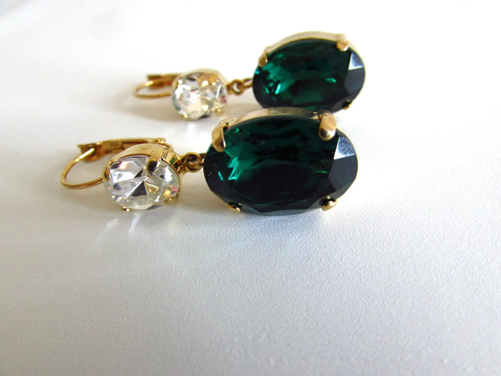 Emerald and Crystal Earrings - Large Oval 2 stone Dangles