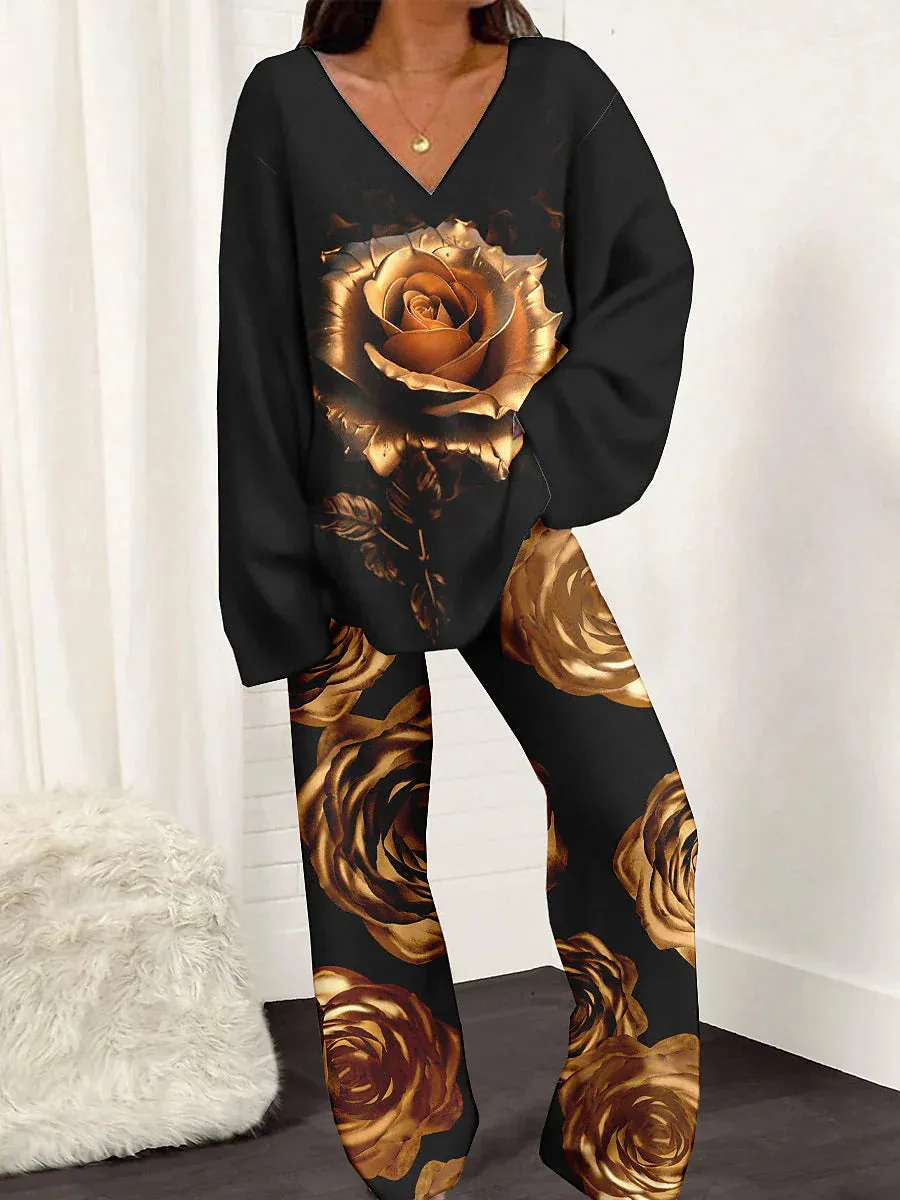 Floral Chic Women's Flannel Pajama Set with Tee and V-Neck