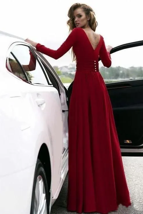 Flowy Long Front Split Green Chiffon Backless Elegant Long Sleeve Prom Dresses