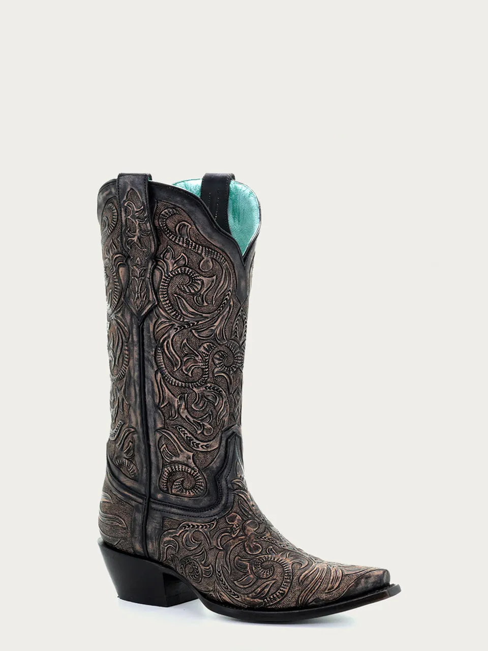 G1471 - WOMEN'S BLACK HANDTOOLED SNIP TOE COWBOY BOOT