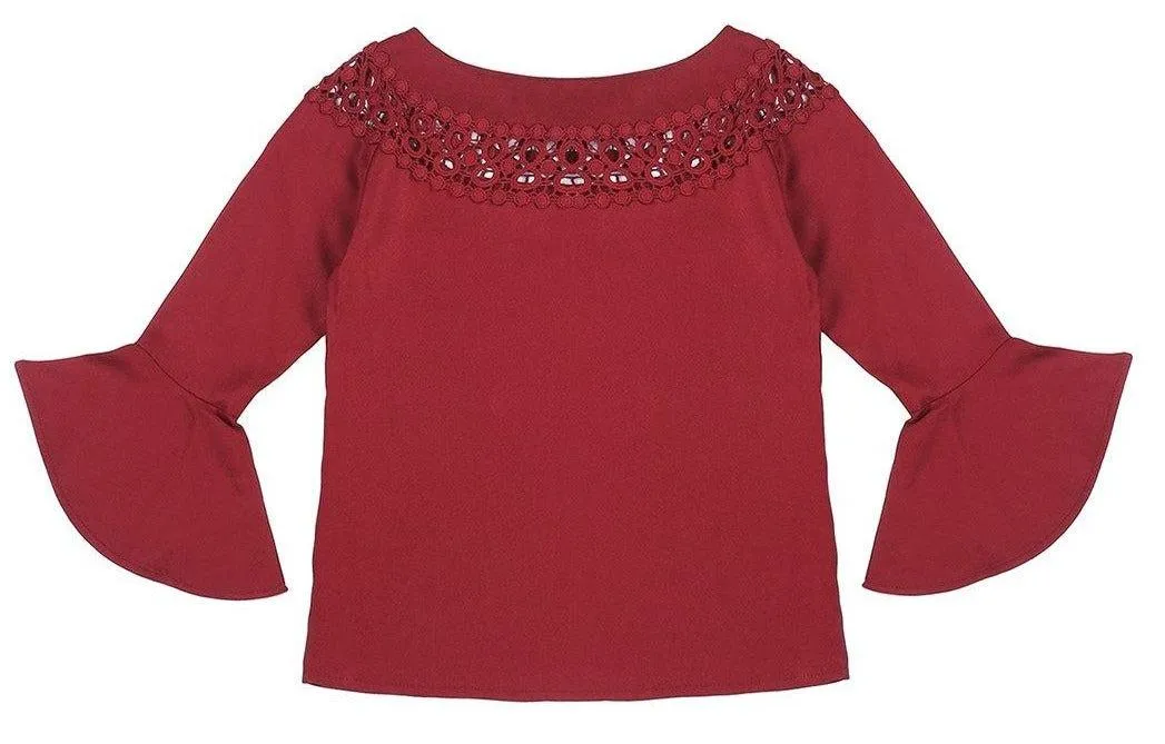 Girls Maroon Self Design Top