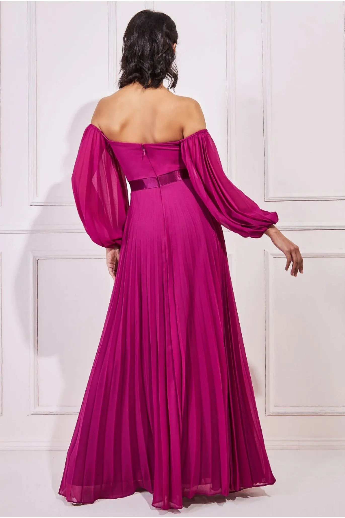 Goddiva Bardot Chiffon Pleated Maxi