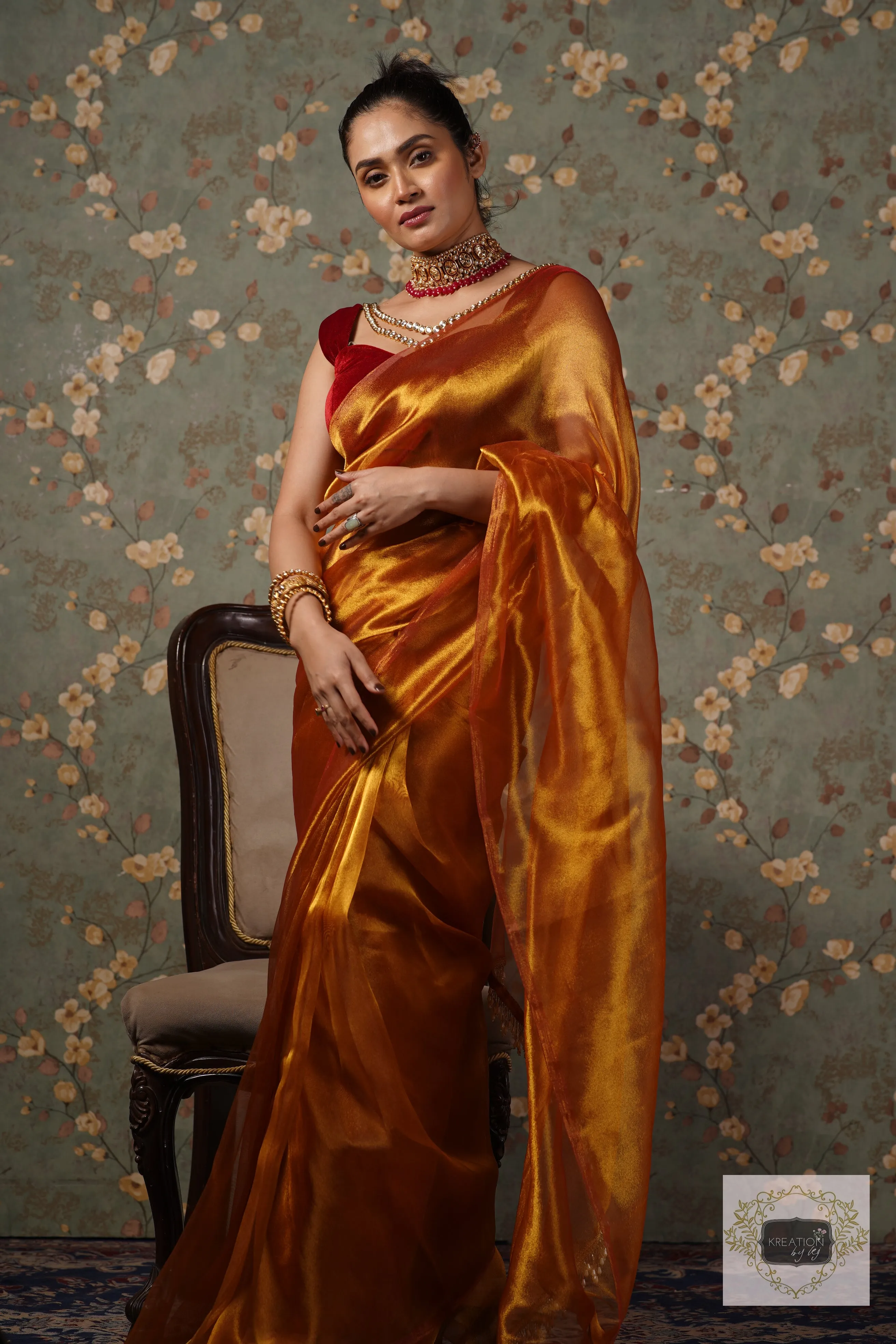 Golden Zari Tissue Saree With Handmade Tassels On Pallu