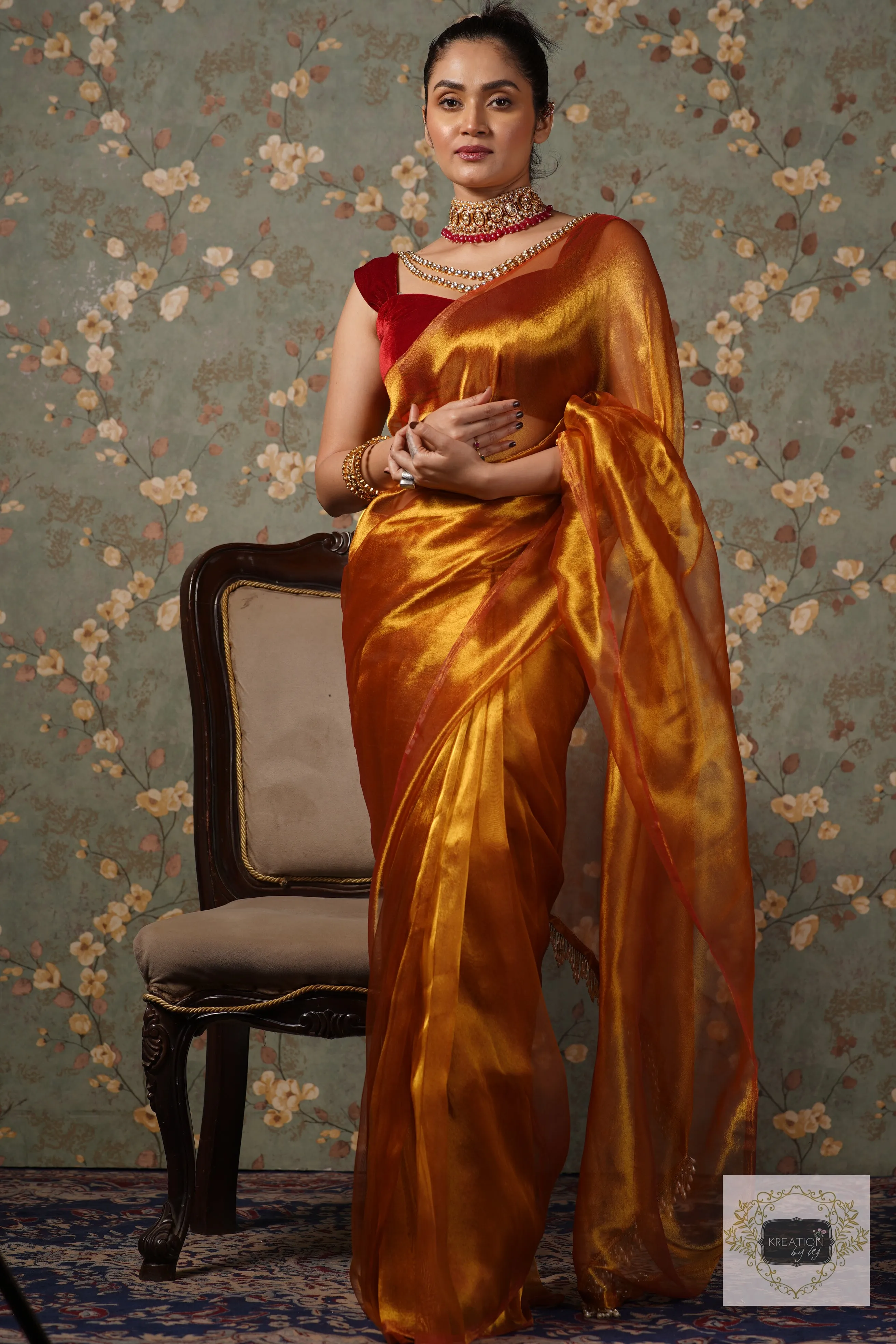 Golden Zari Tissue Saree With Handmade Tassels On Pallu