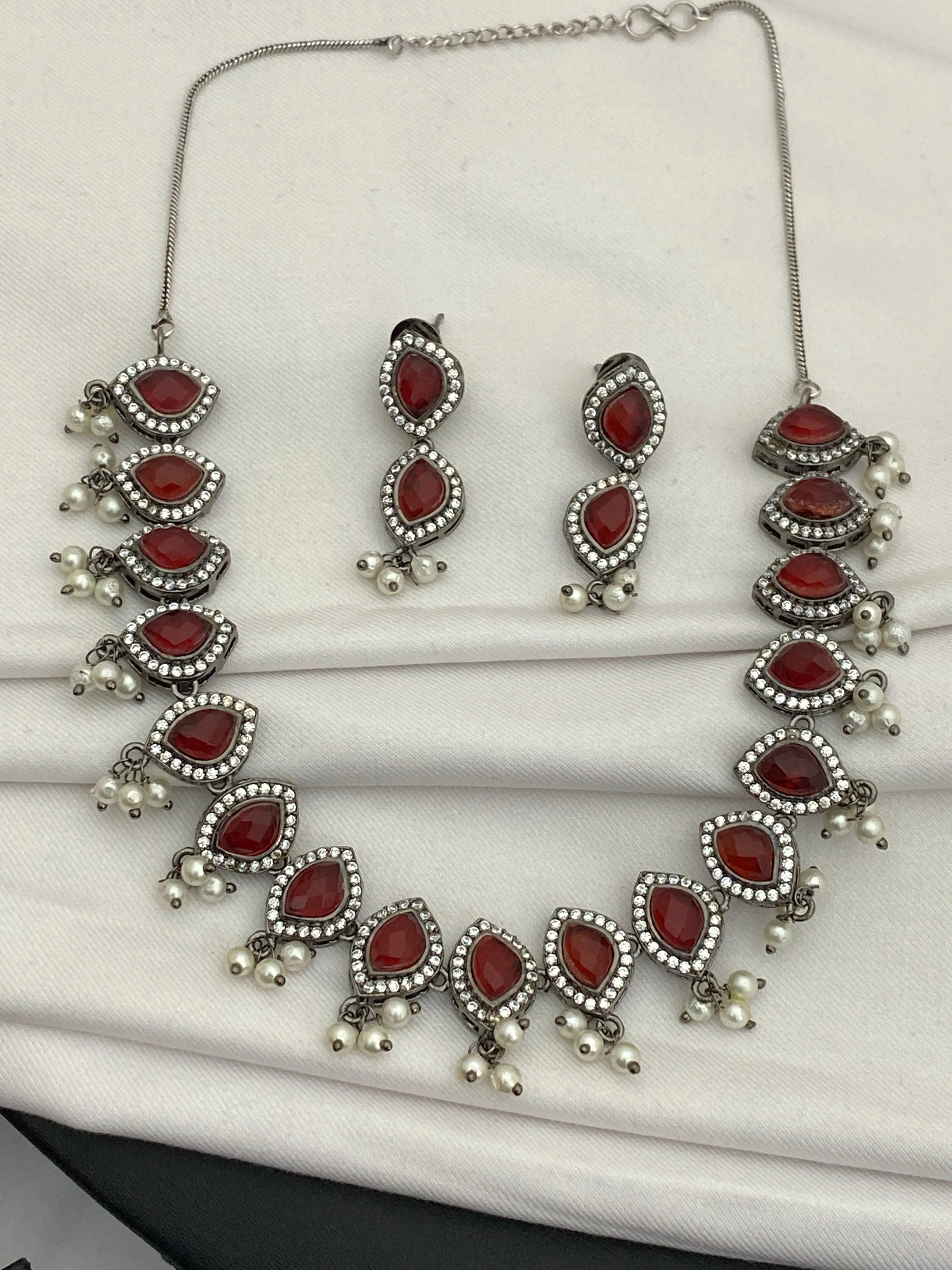 Gorgeous Maroon Color Oxidized Necklace Set With Pearl Beads