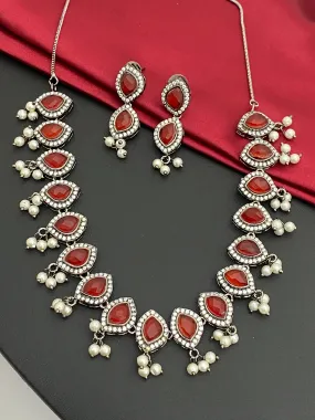 Gorgeous Maroon Color Oxidized Necklace Set With Pearl Beads