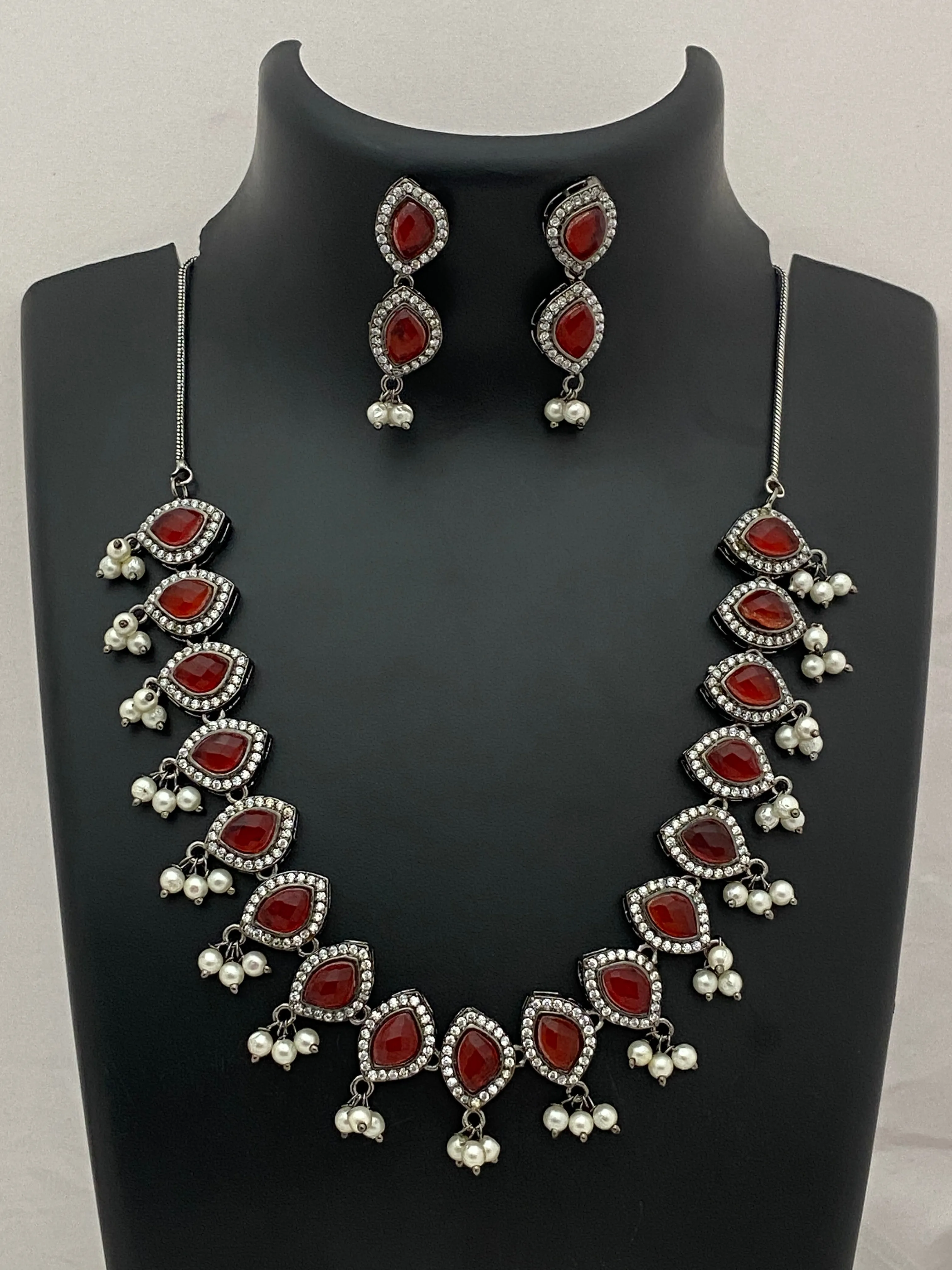 Gorgeous Maroon Color Oxidized Necklace Set With Pearl Beads