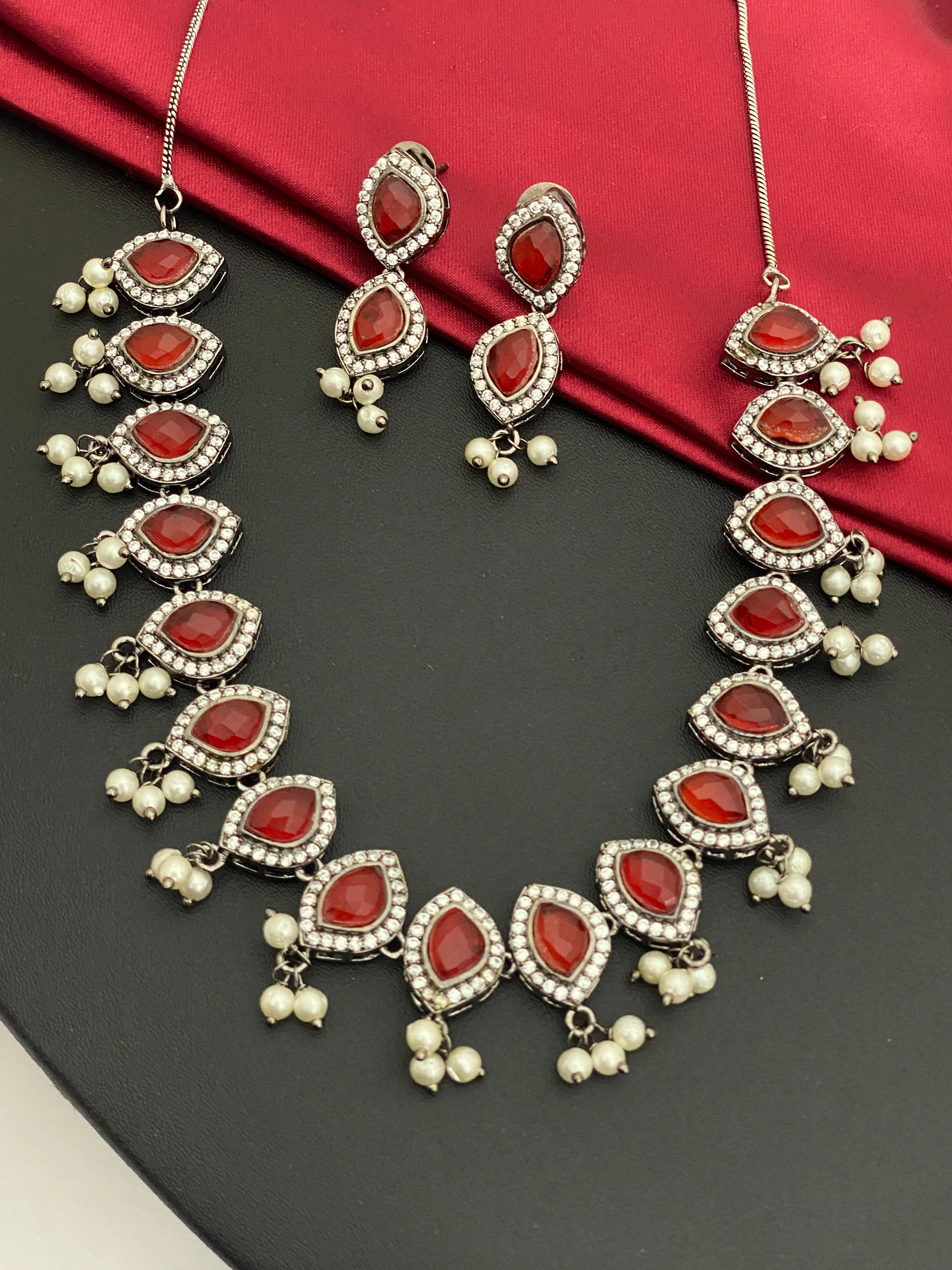 Gorgeous Maroon Color Oxidized Necklace Set With Pearl Beads