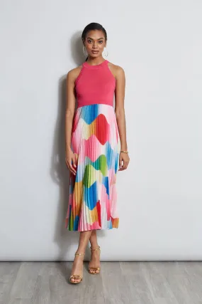 Halter Pleated Print Midi Dress