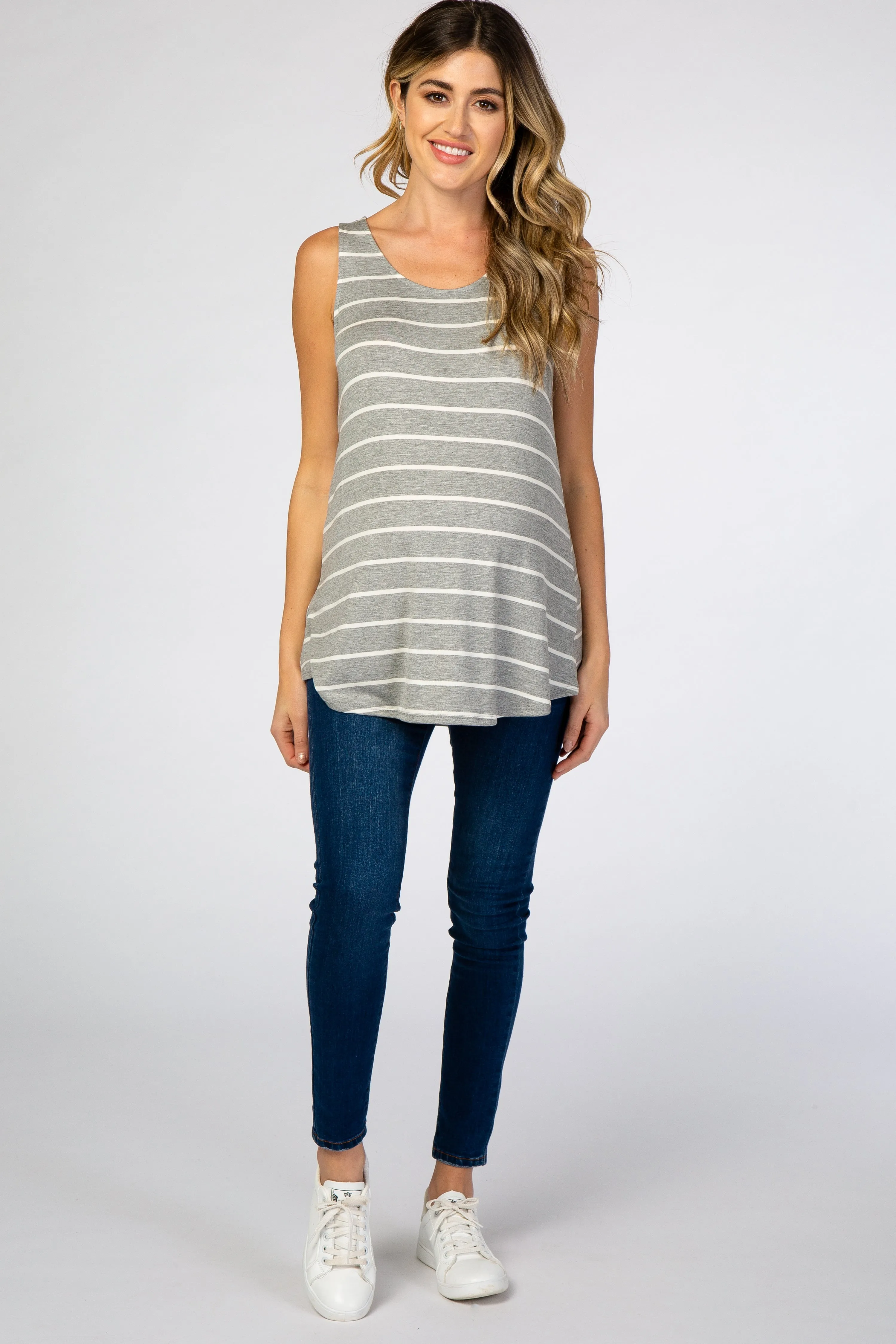 Heather Grey Striped Round Neck Maternity Tank Top