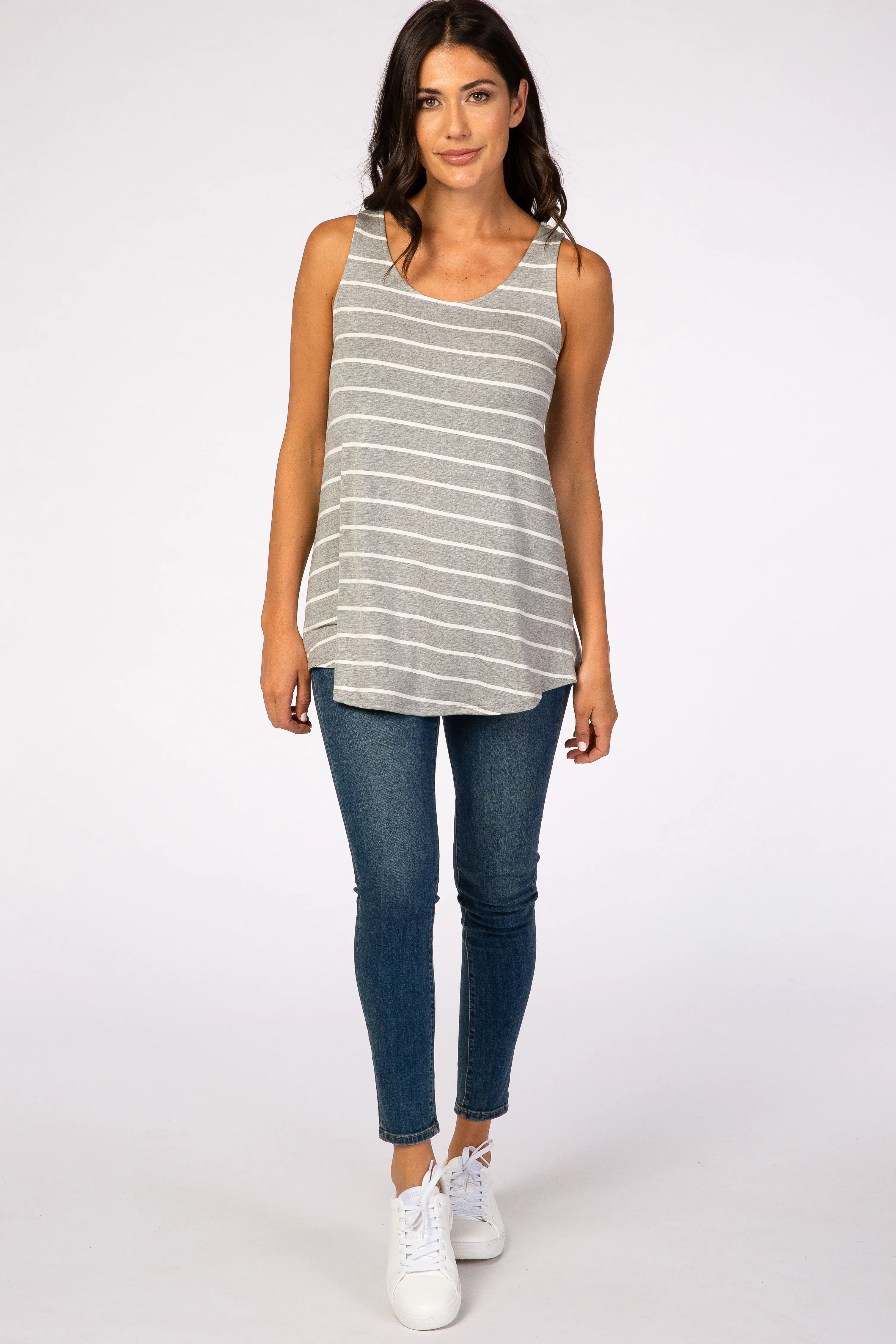 Heather Grey Striped Round Neck Tank Top