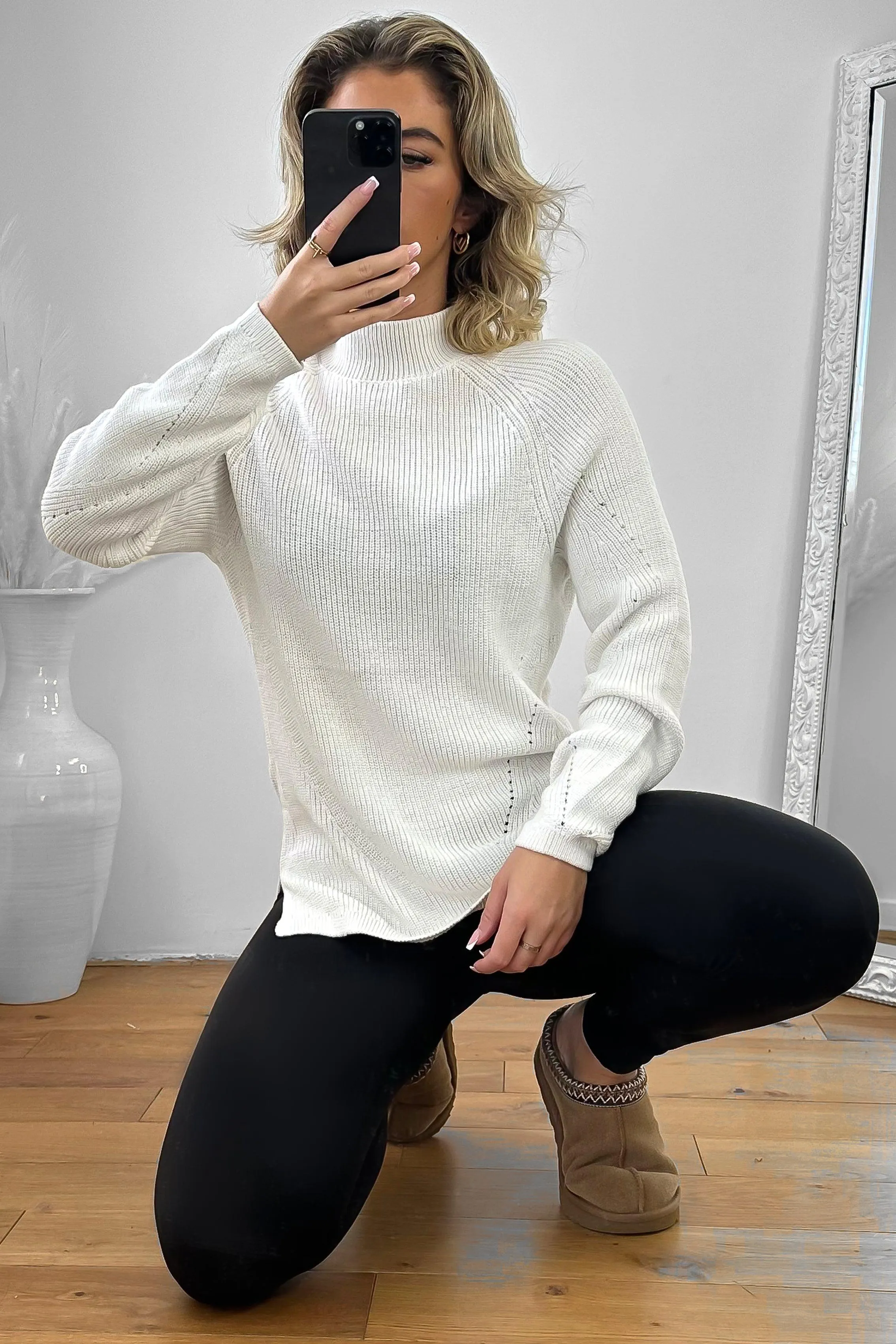 High Neck Perforated Detail Pullover