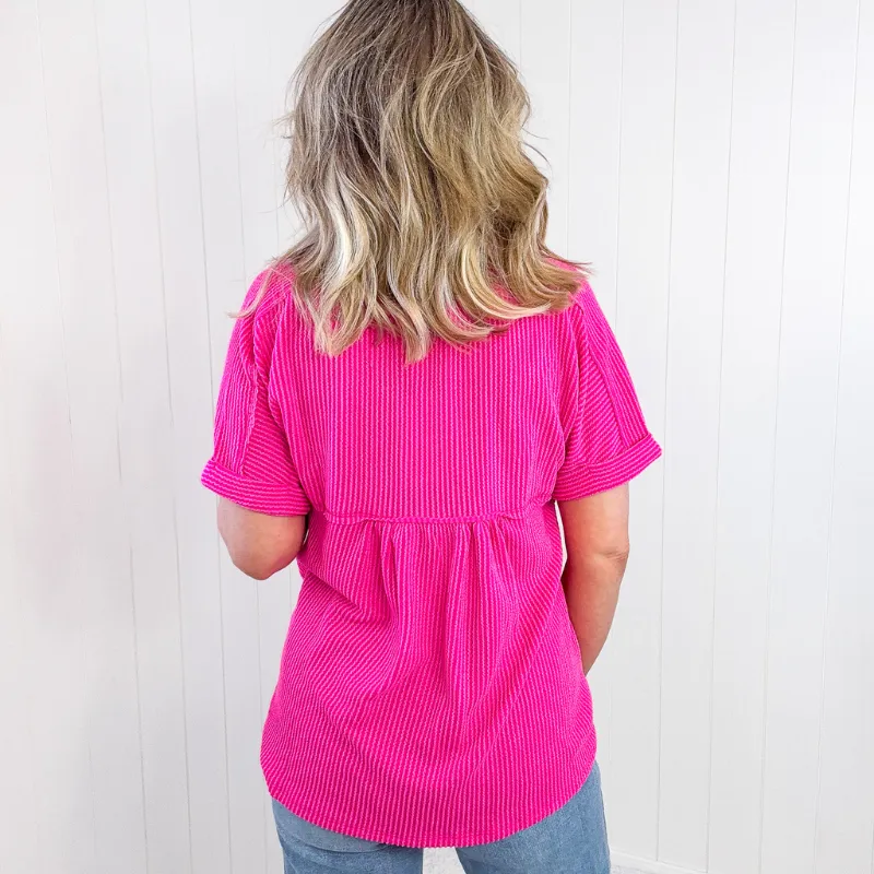 Hot Pink Andree Textured Line Ribbed Short Sleeve Top