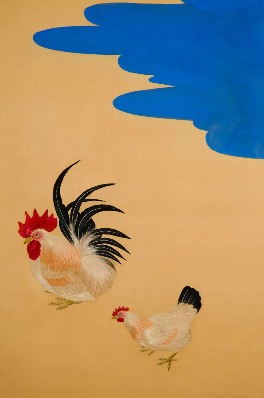 Japanese Two-Panel Embroidered Screen from the Meiji Period with Scenes of Rooster and Chicken