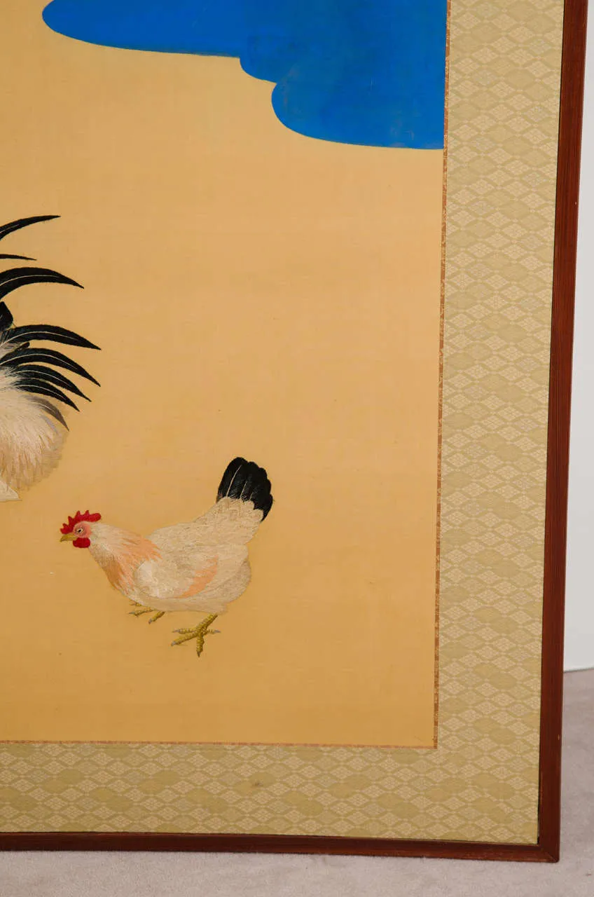 Japanese Two-Panel Embroidered Screen from the Meiji Period with Scenes of Rooster and Chicken