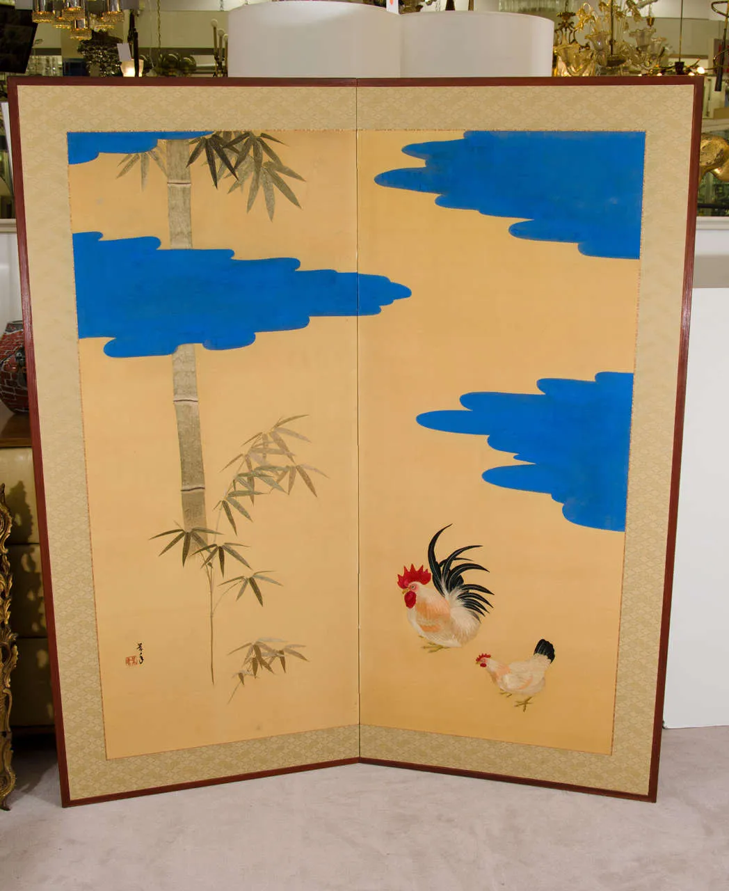 Japanese Two-Panel Embroidered Screen from the Meiji Period with Scenes of Rooster and Chicken