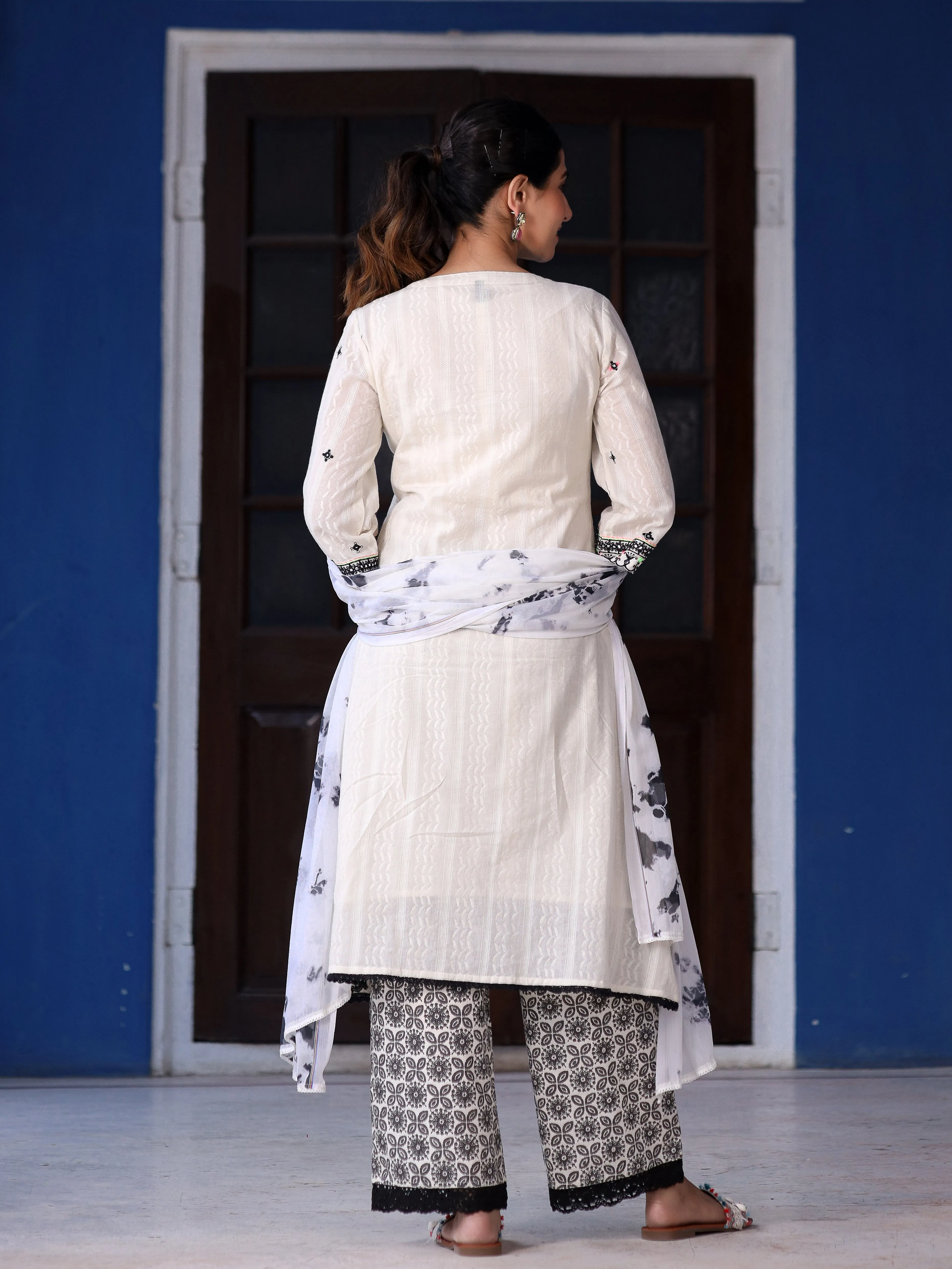 Juniper Off-White & Black Cotton Dobby Pleated Embroidered Kurta Palazzo & Dupatta Set