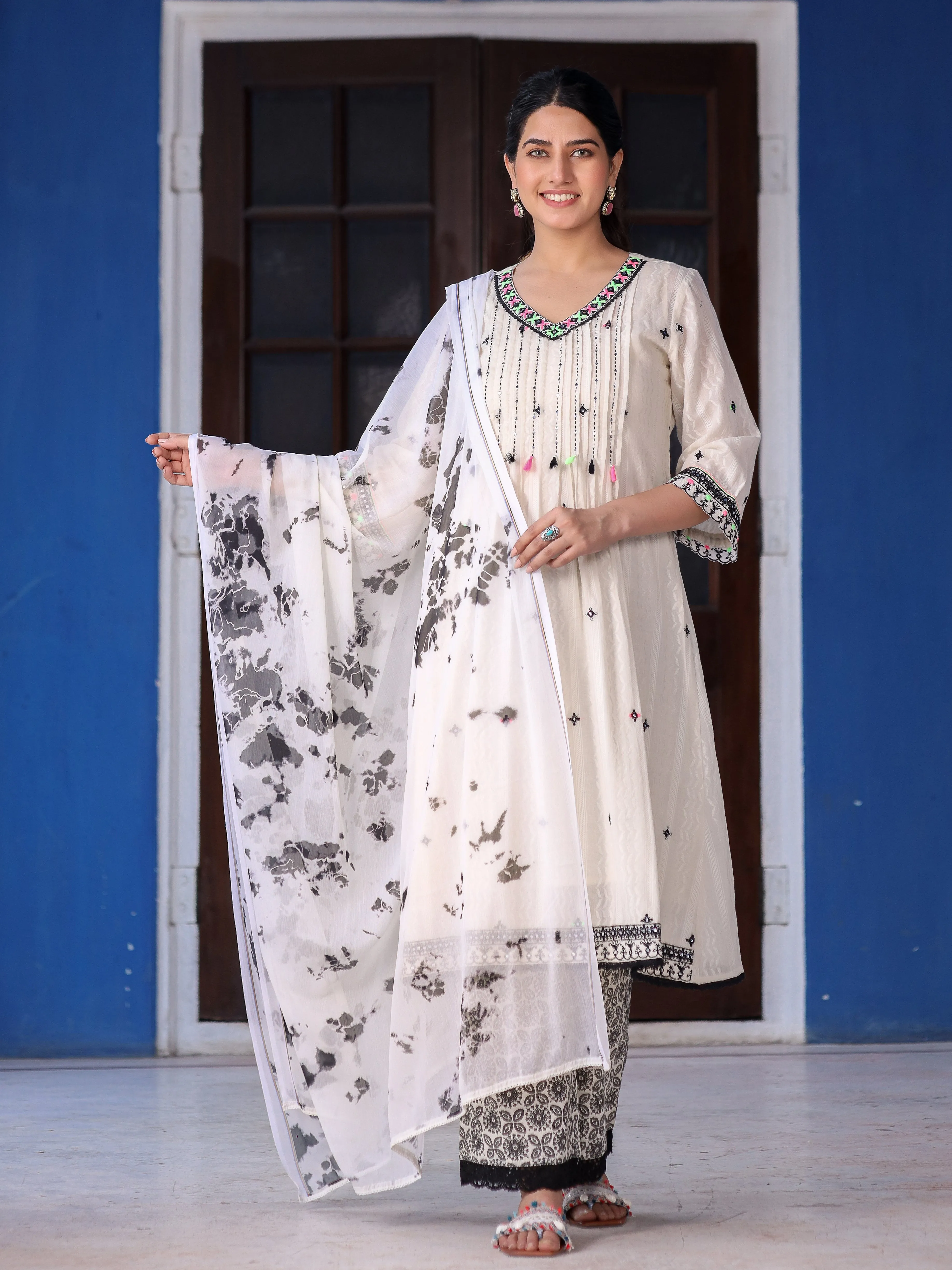 Juniper Off-White & Black Cotton Dobby Pleated Embroidered Kurta Palazzo & Dupatta Set