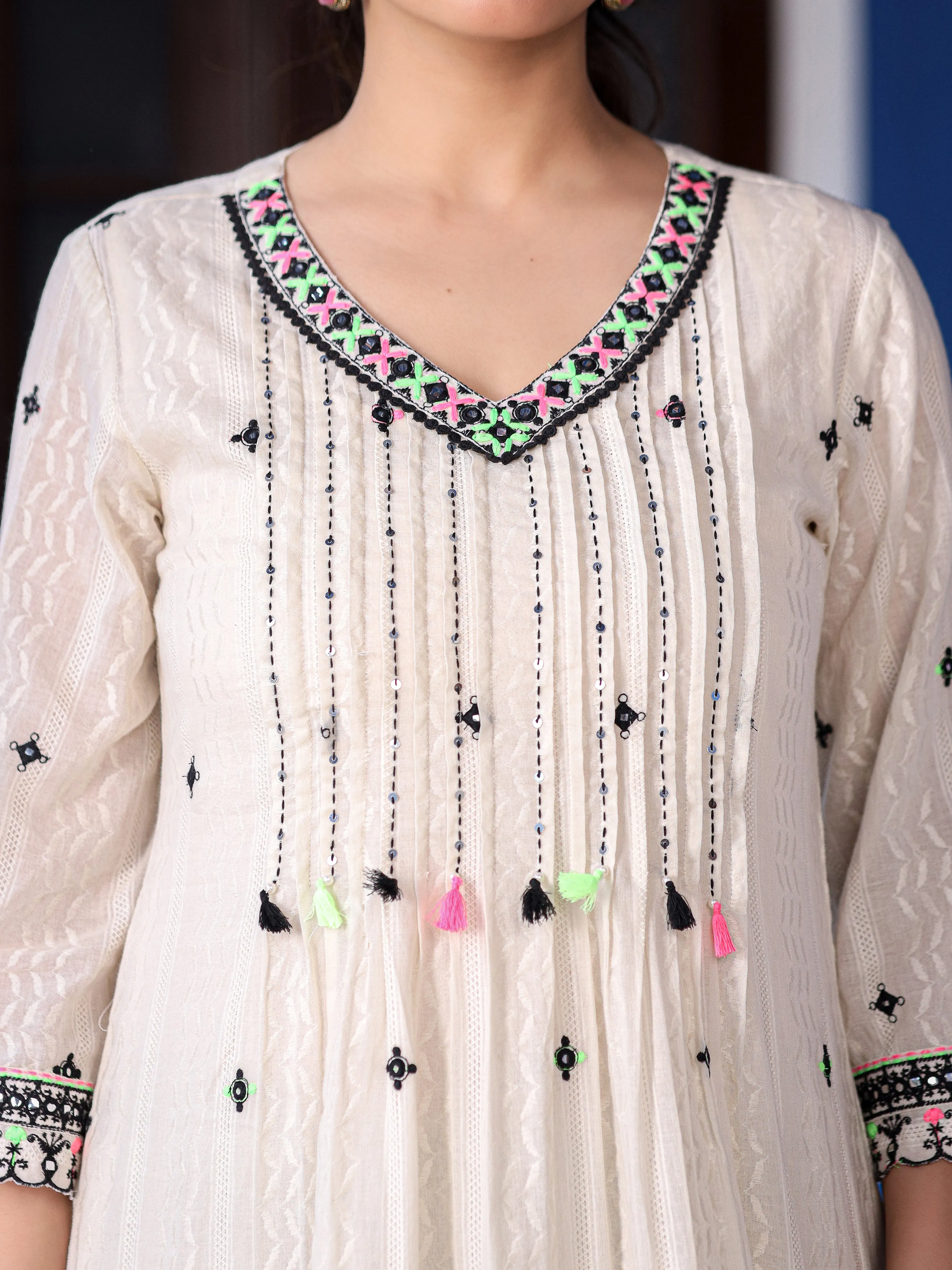 Juniper Off-White & Black Cotton Dobby Pleated Embroidered Kurta Palazzo & Dupatta Set