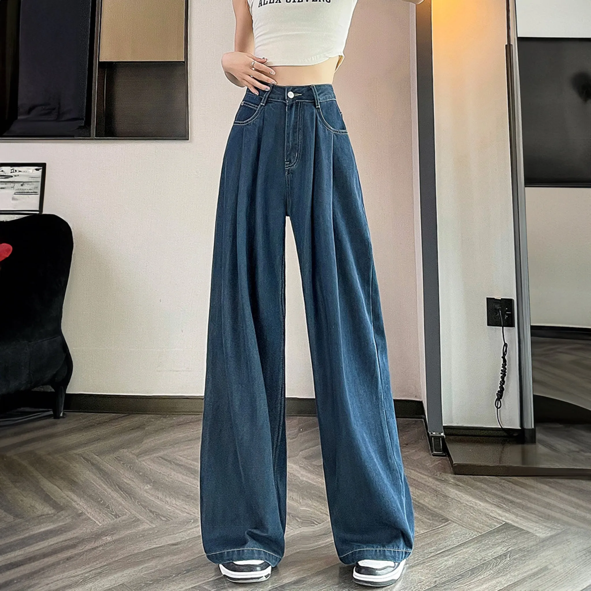 Light Blue Cotton Korean baggy pants for women