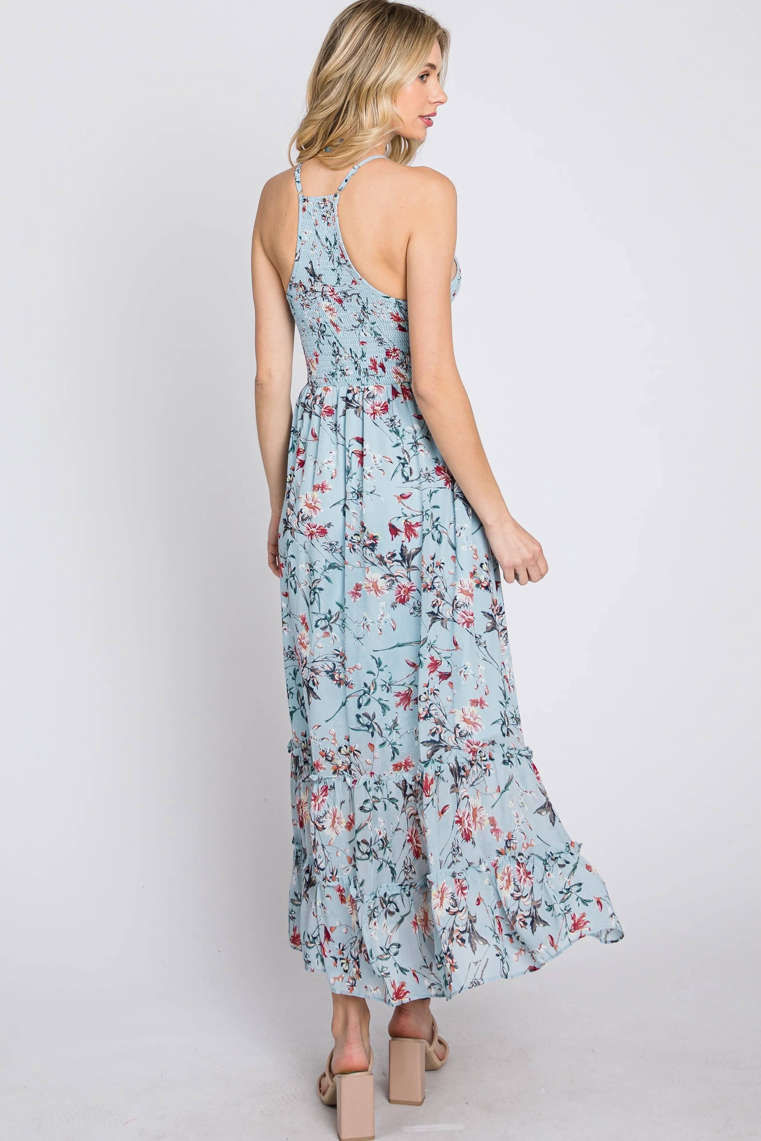 Light Blue Floral Chiffon Smocked Midi Dress