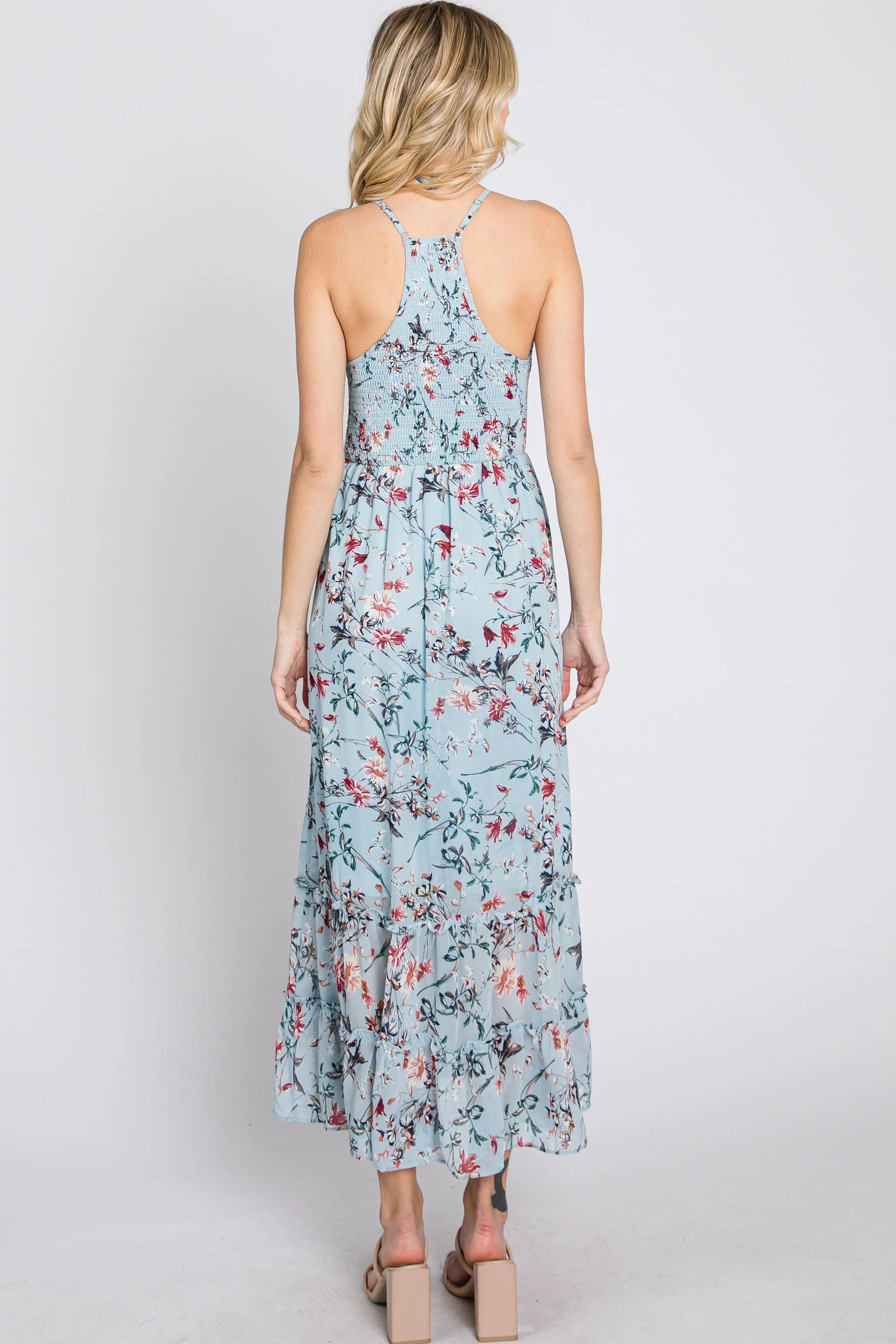 Light Blue Floral Chiffon Smocked Midi Dress