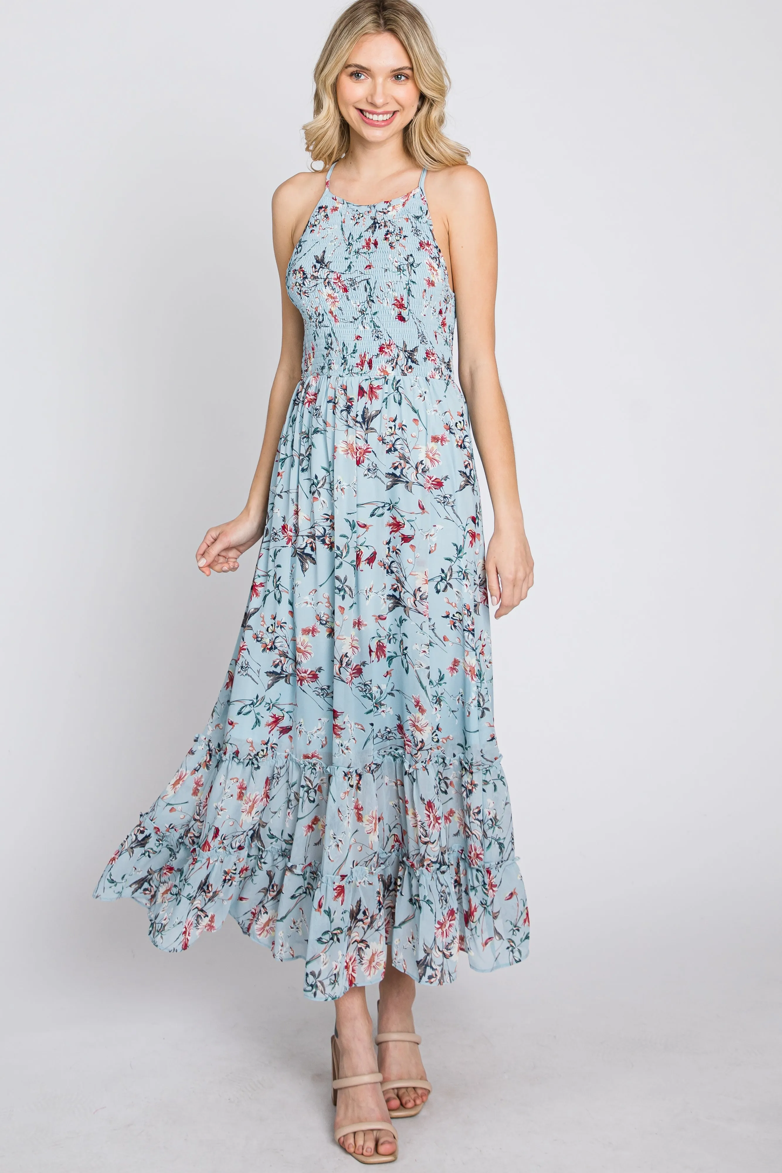 Light Blue Floral Chiffon Smocked Midi Dress