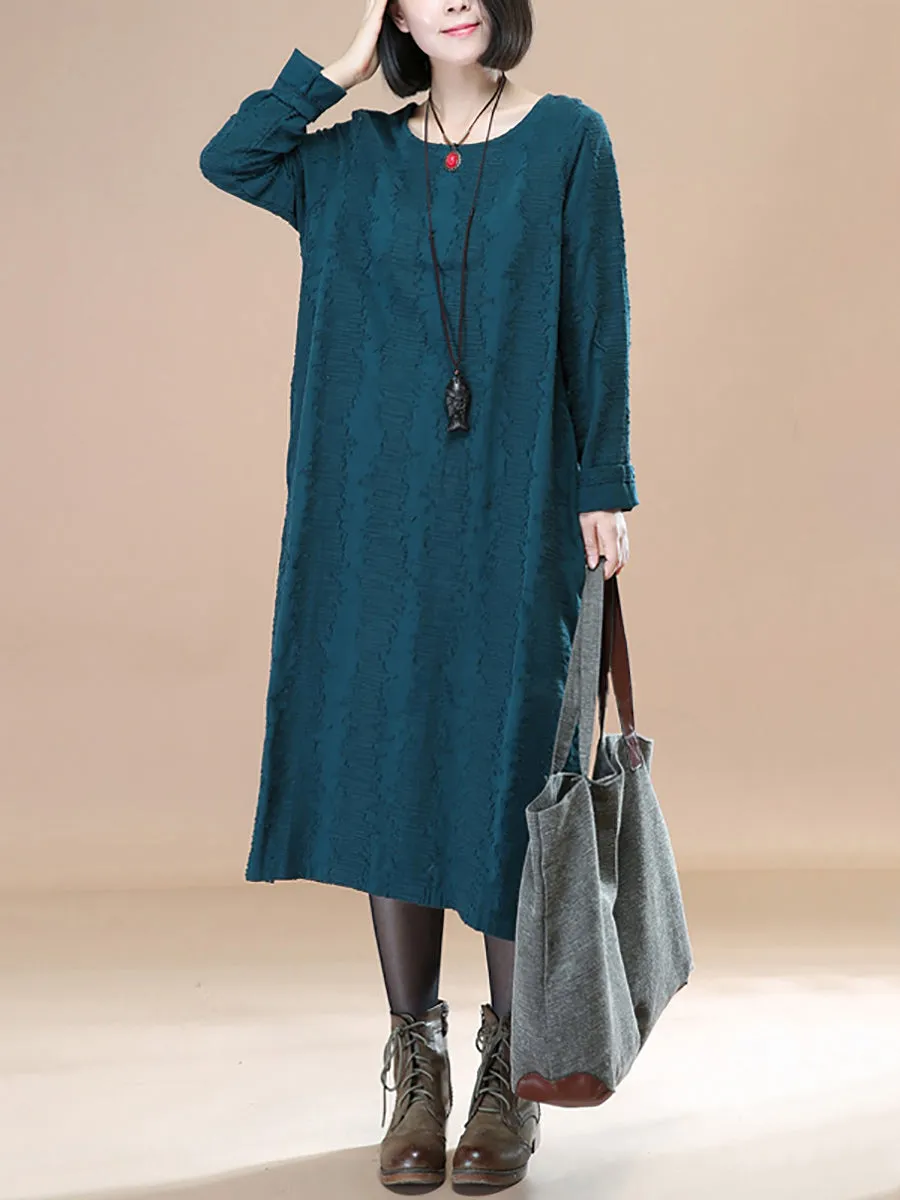 Literature Round Neck Long Sleeves Cotton Green Women Dress