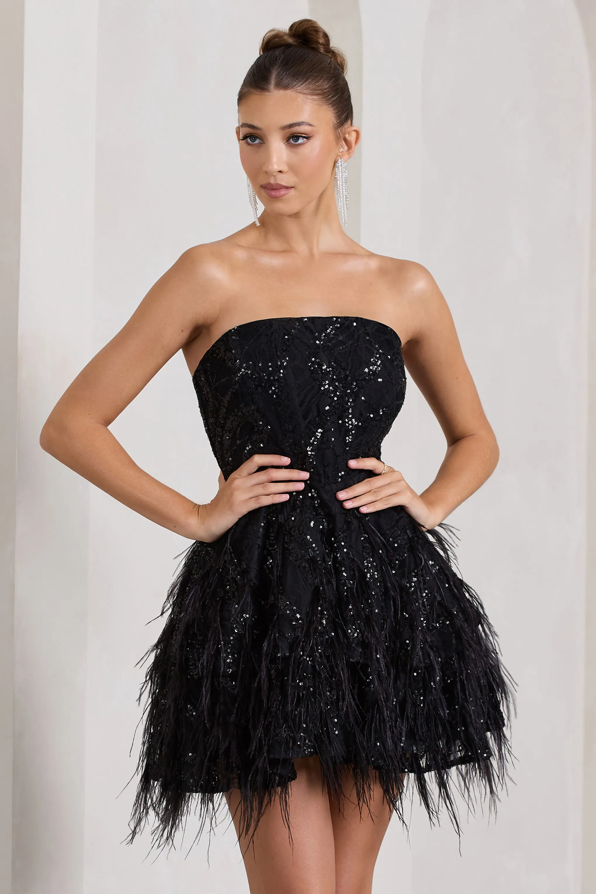 Little Wish | Black Sequin Lace Strapless Mini Dress With Feathers